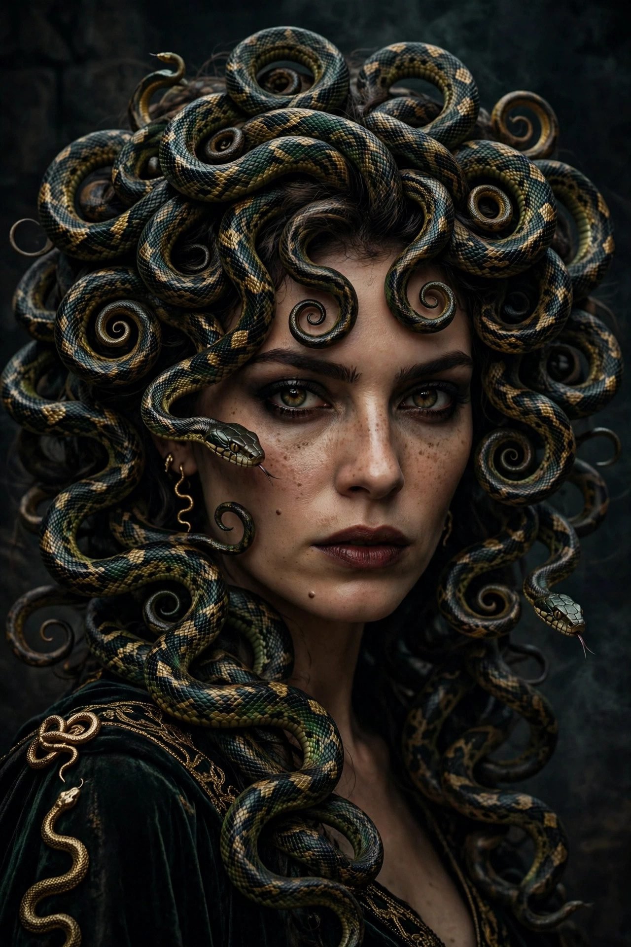 Woman with voluminous curly hair styled for a Medusa costume
