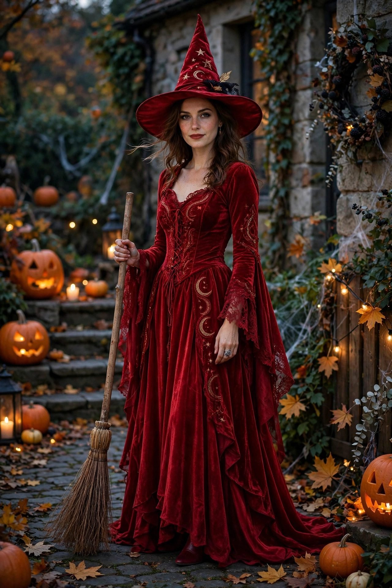 Woman in an elegant red witch Halloween costume