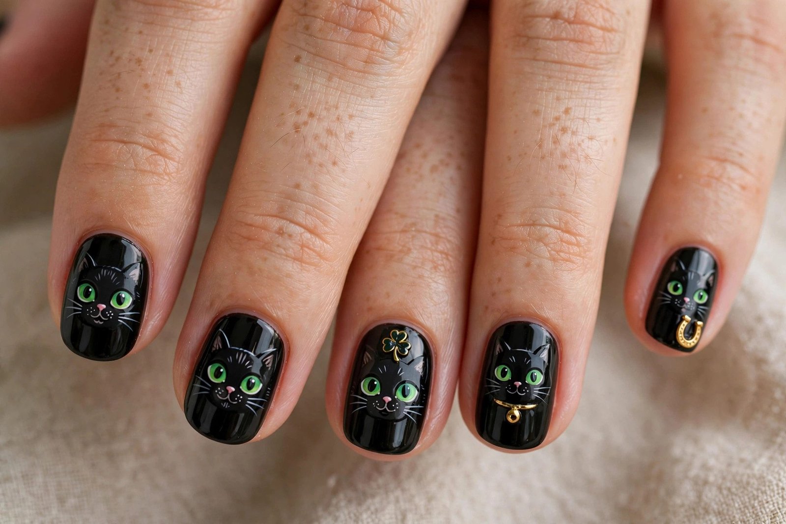 Lucky Black Cat Eyes - Halloween nail art