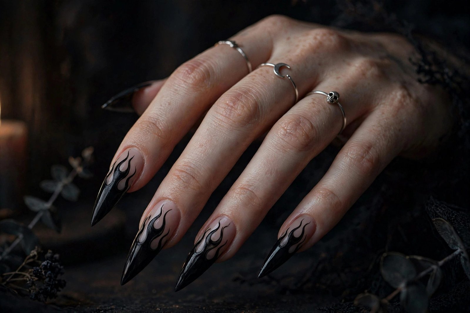 Witchy Black Flames - Halloween nail art