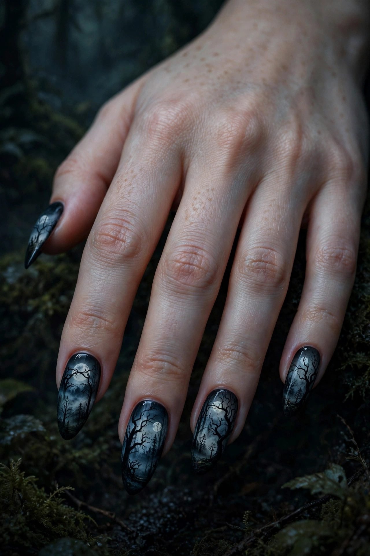 Haunted Forest Scene - Halloween nail art