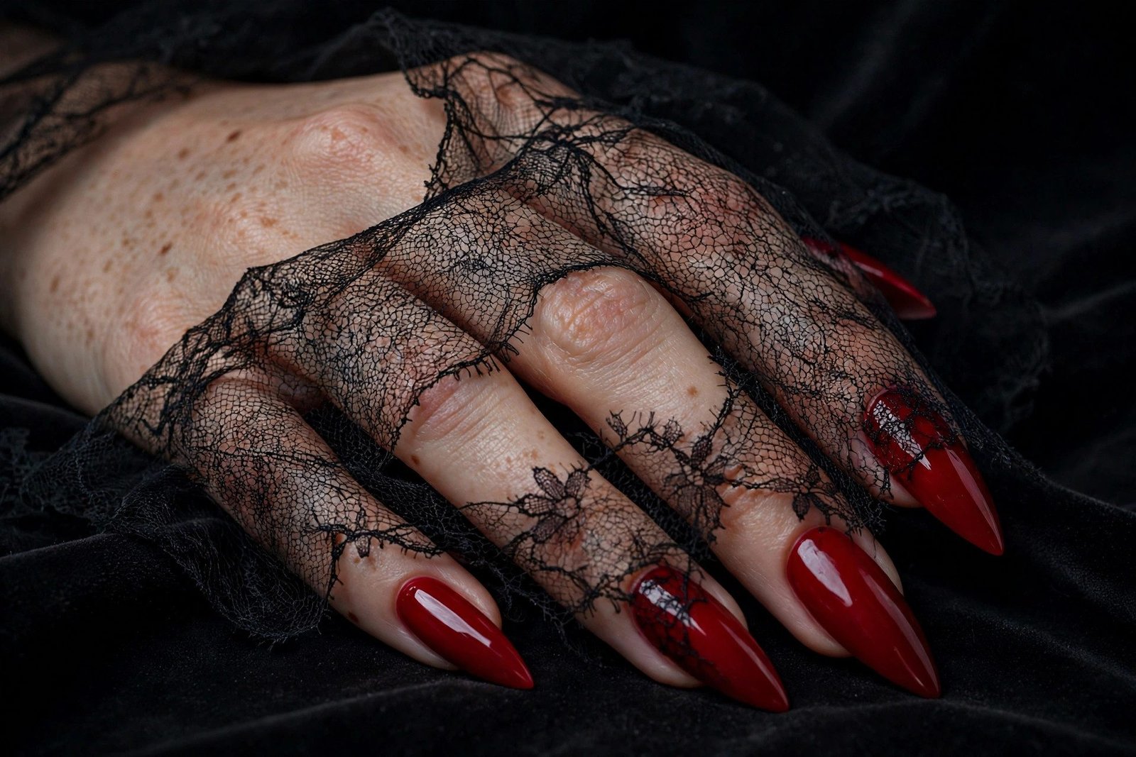 Red Lace Overlay - Halloween nail art