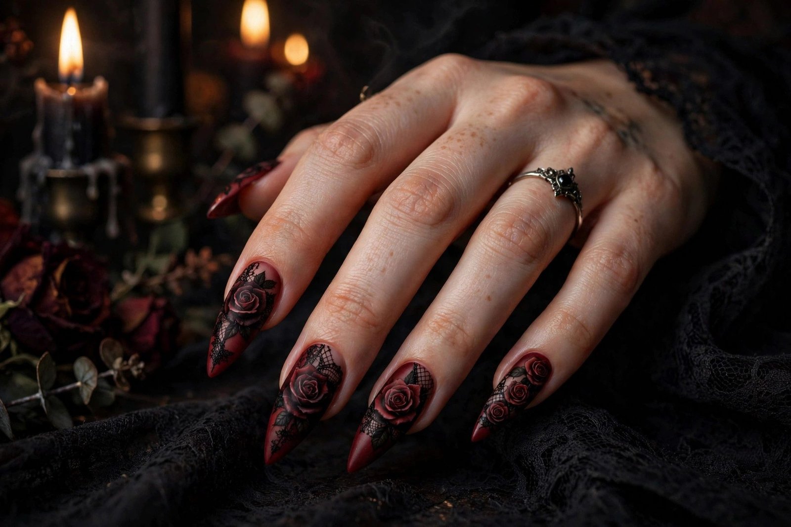 Dark Romance Roses - Halloween nail art