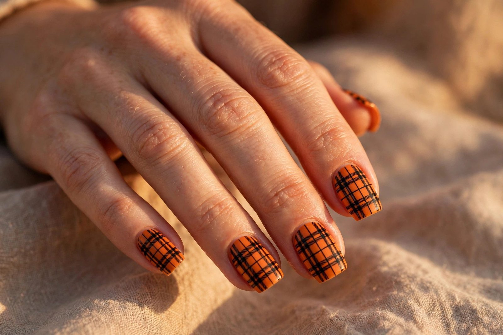 Orange and Black Plaid - Halloween nail art