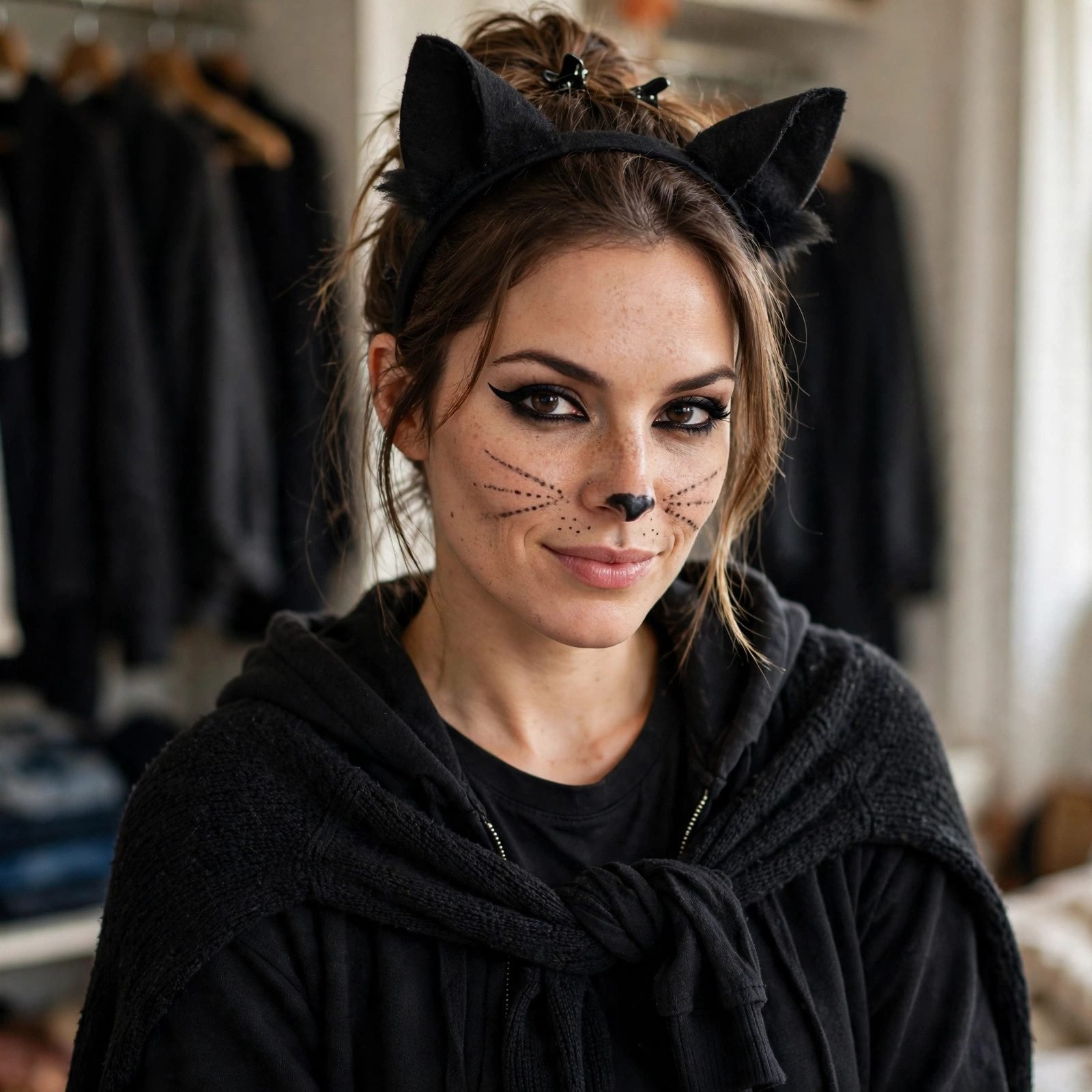 Woman in all black outfit with dramatic eyeliner