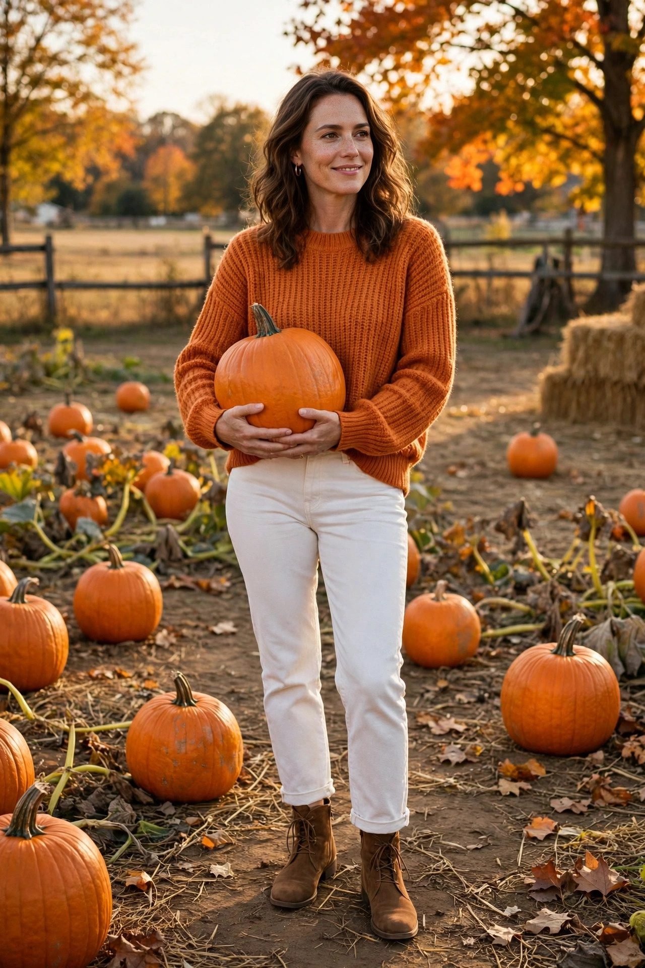 Pumpkin-Orange Sweater and White Jeans