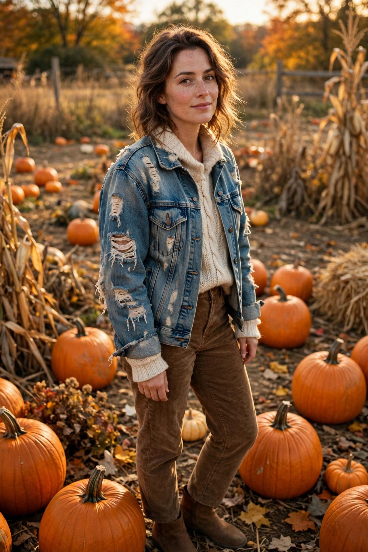 Distressed Denim Jacket and Corduroy
