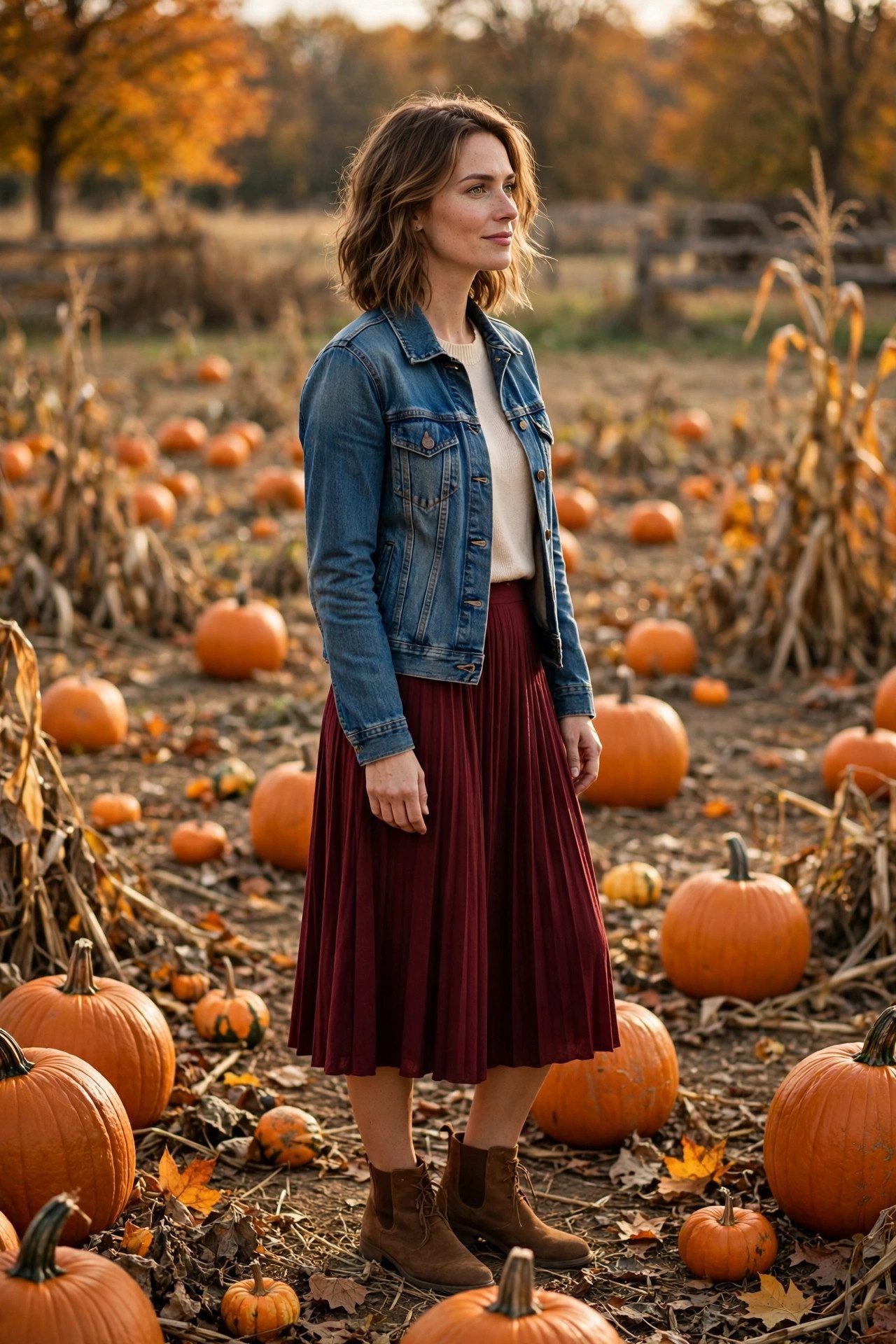 Denim Jacket With a Pleated Midi Skirt