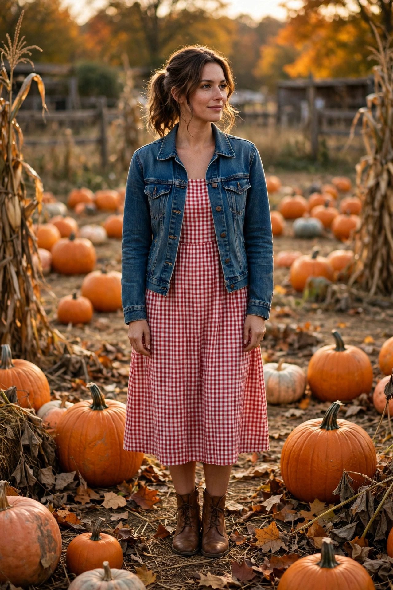 Denim Jacket Over a Gingham Dress