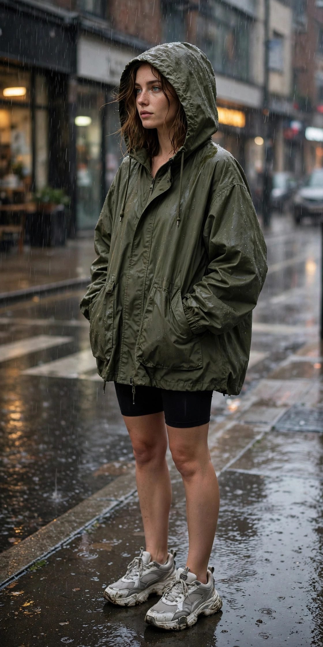 Oversized Rain Parka and Biker Shorts