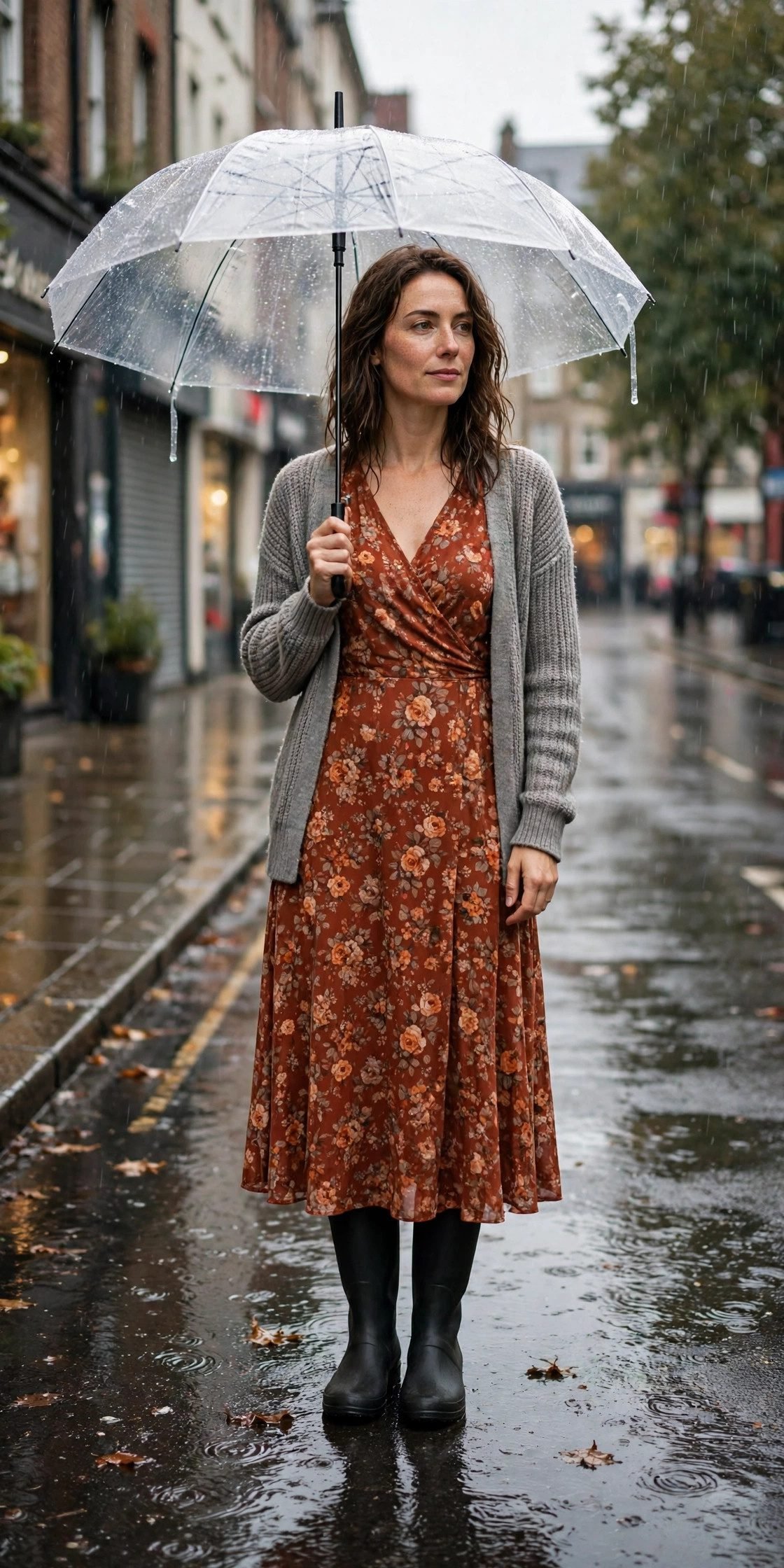 Rain Boots With a Midi Dress