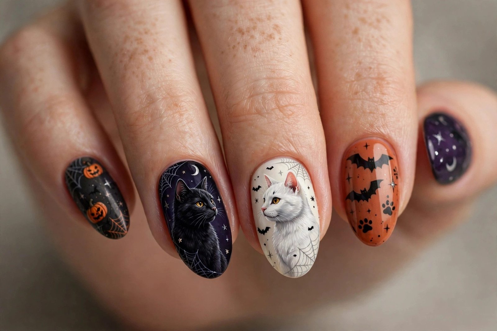 Black and white cat duo Halloween nail designs