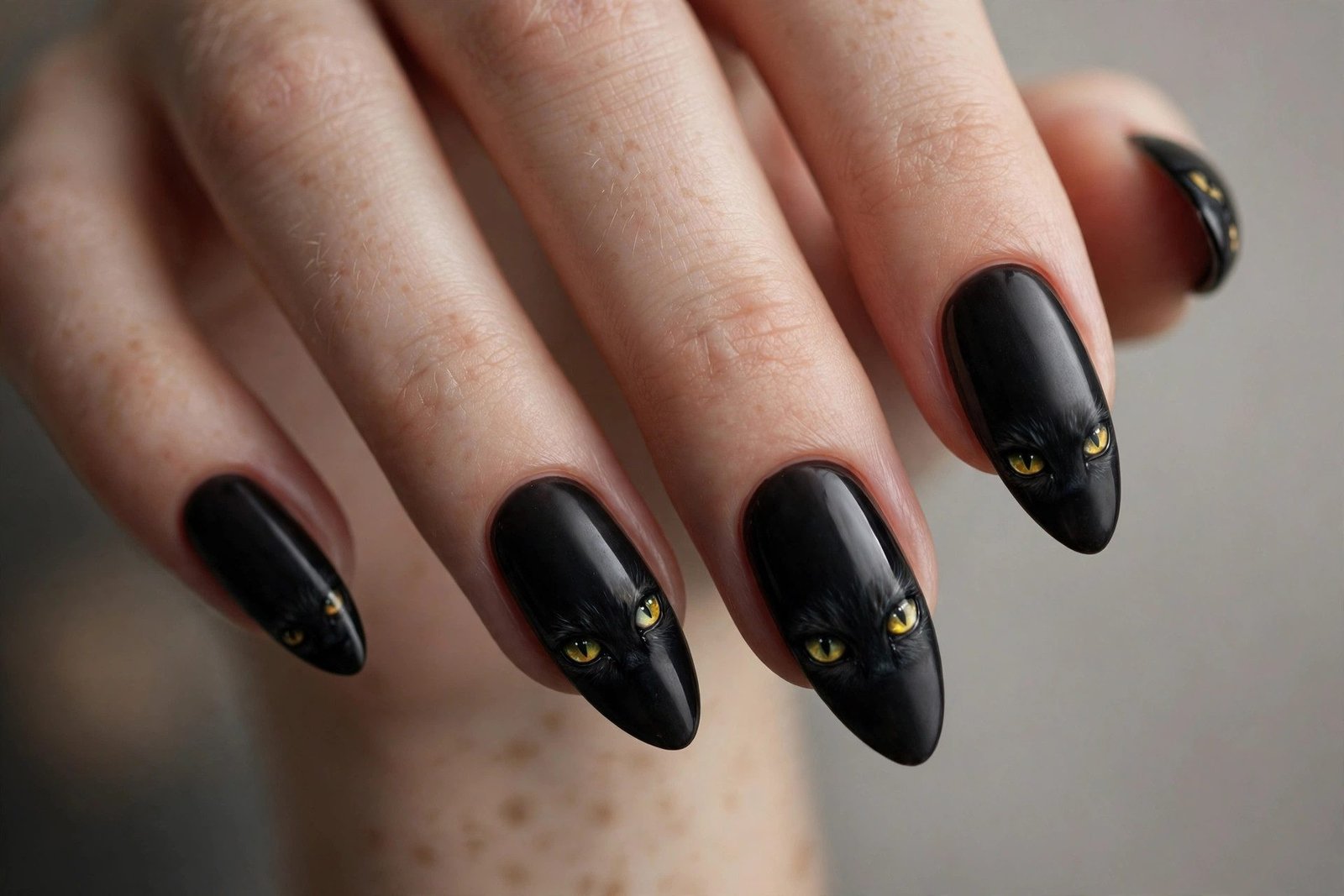 Black cat eyes peeking from dark Halloween nails