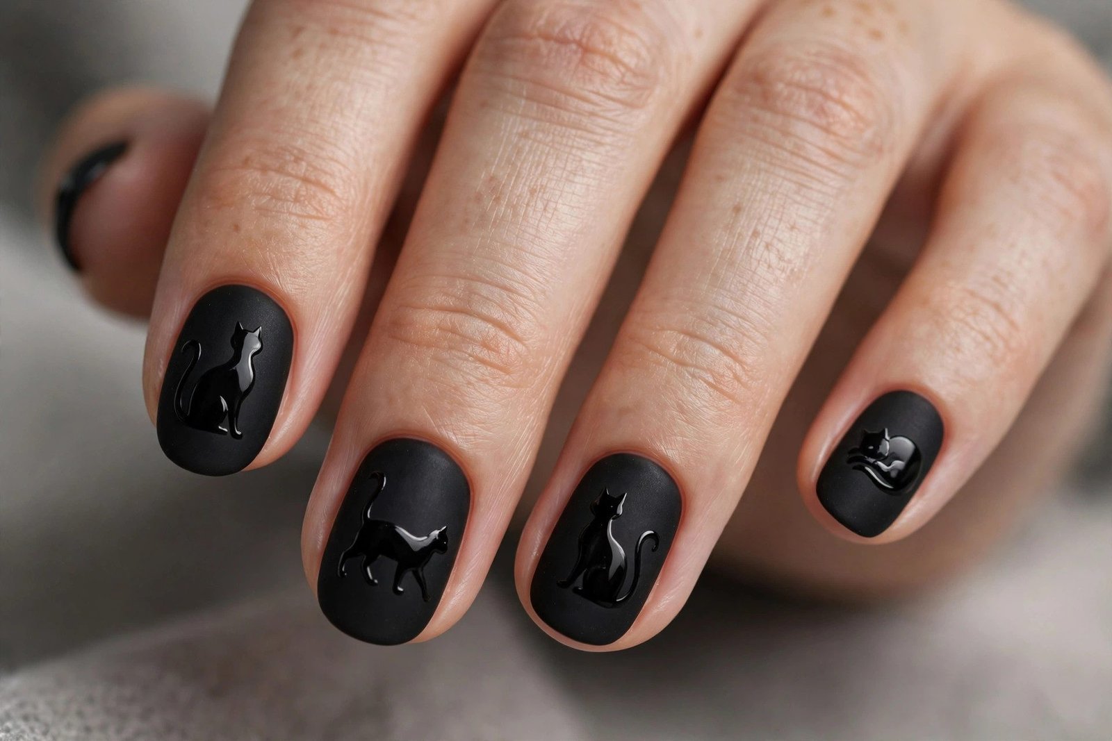 Matte black nails with glossy black cat silhouettes