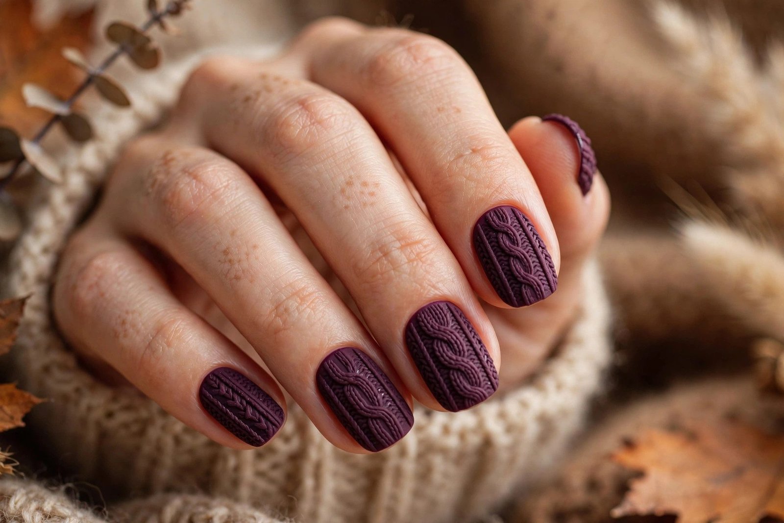 19. Plum Knit Pattern Nails