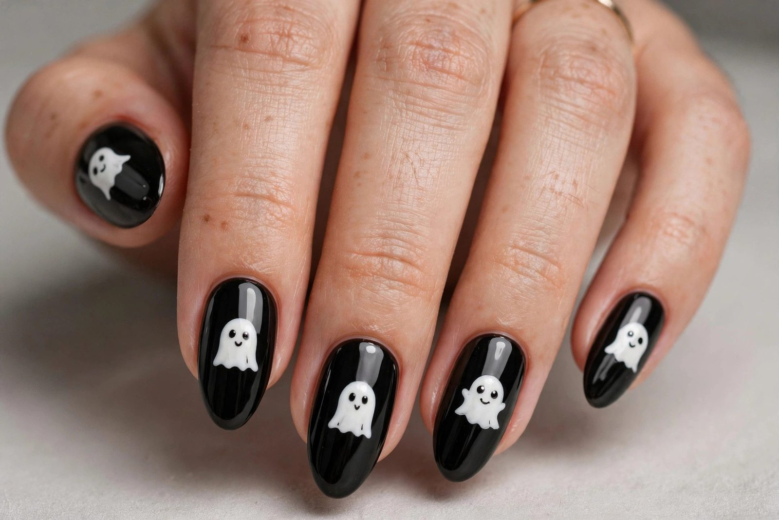 White ghost faces on black Halloween nails