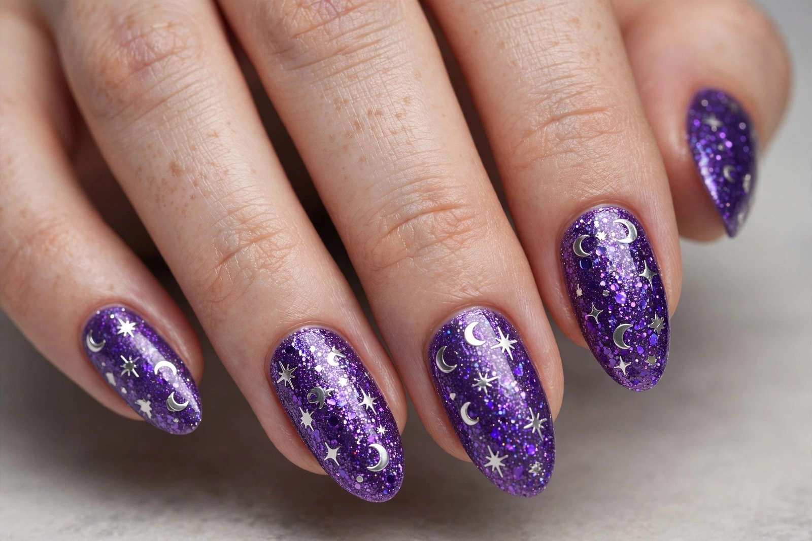 Sparkly purple witch Halloween nails