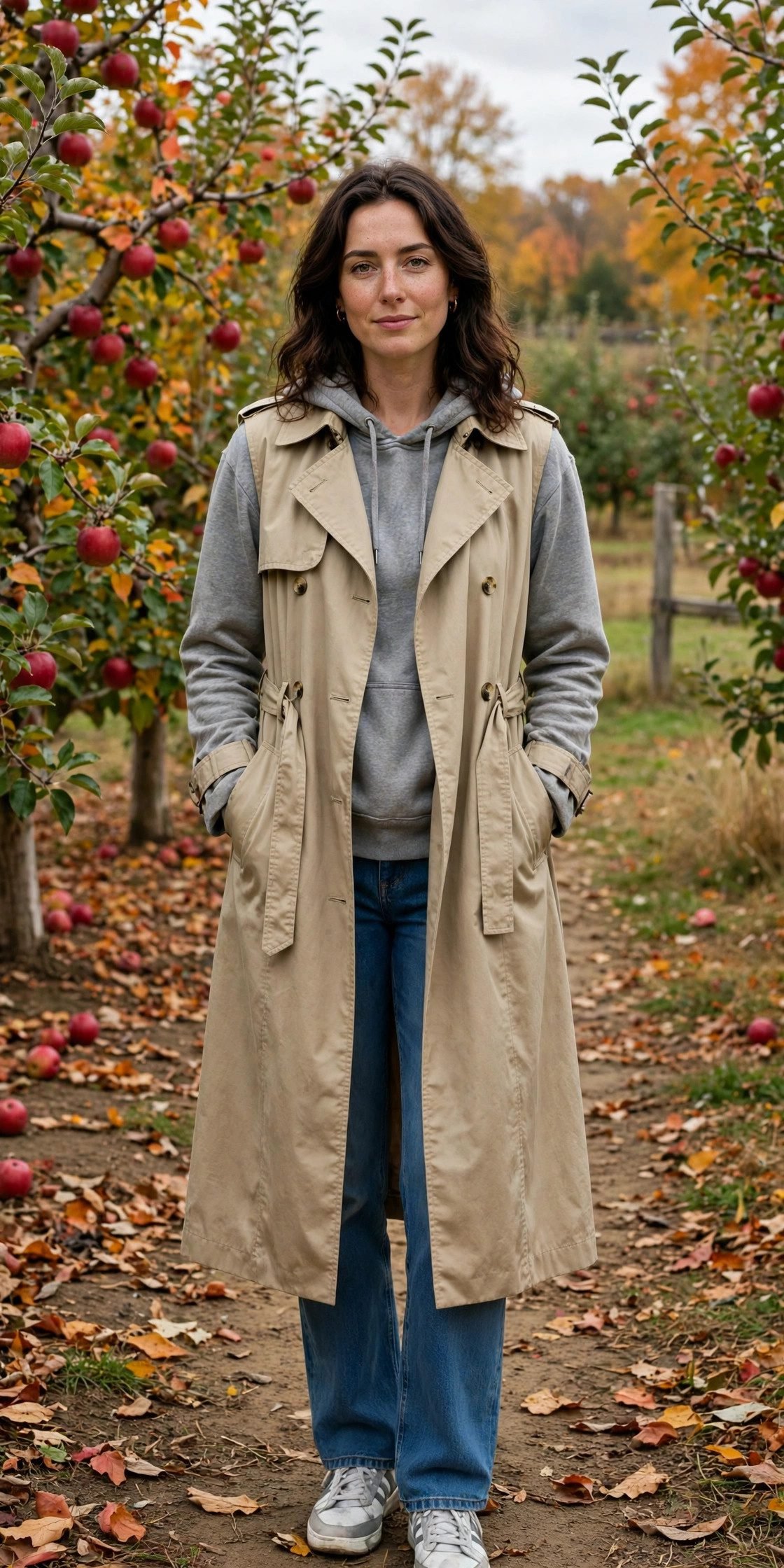 Trench Vest + Hoodie + Jeans - 20+ Apple Picking Outfits