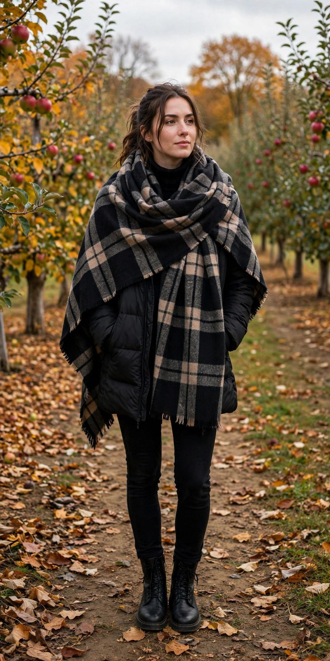 Plaid Blanket Scarf + All-Black Base - 20+ Apple Picking Outfits