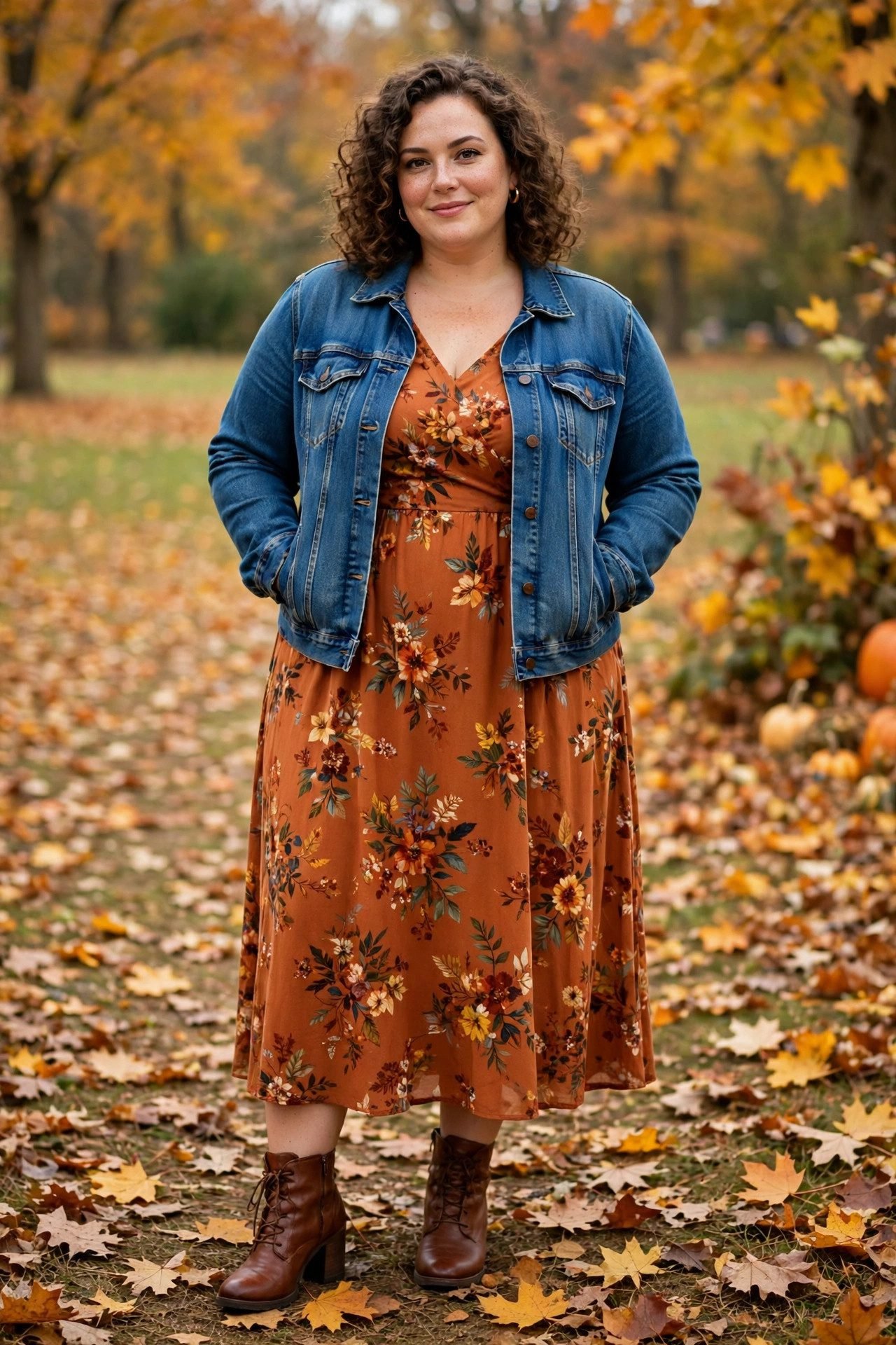 Denim Jacket + Fall Midi Dress - 15+ Plus Size Thanksgiving Outfits