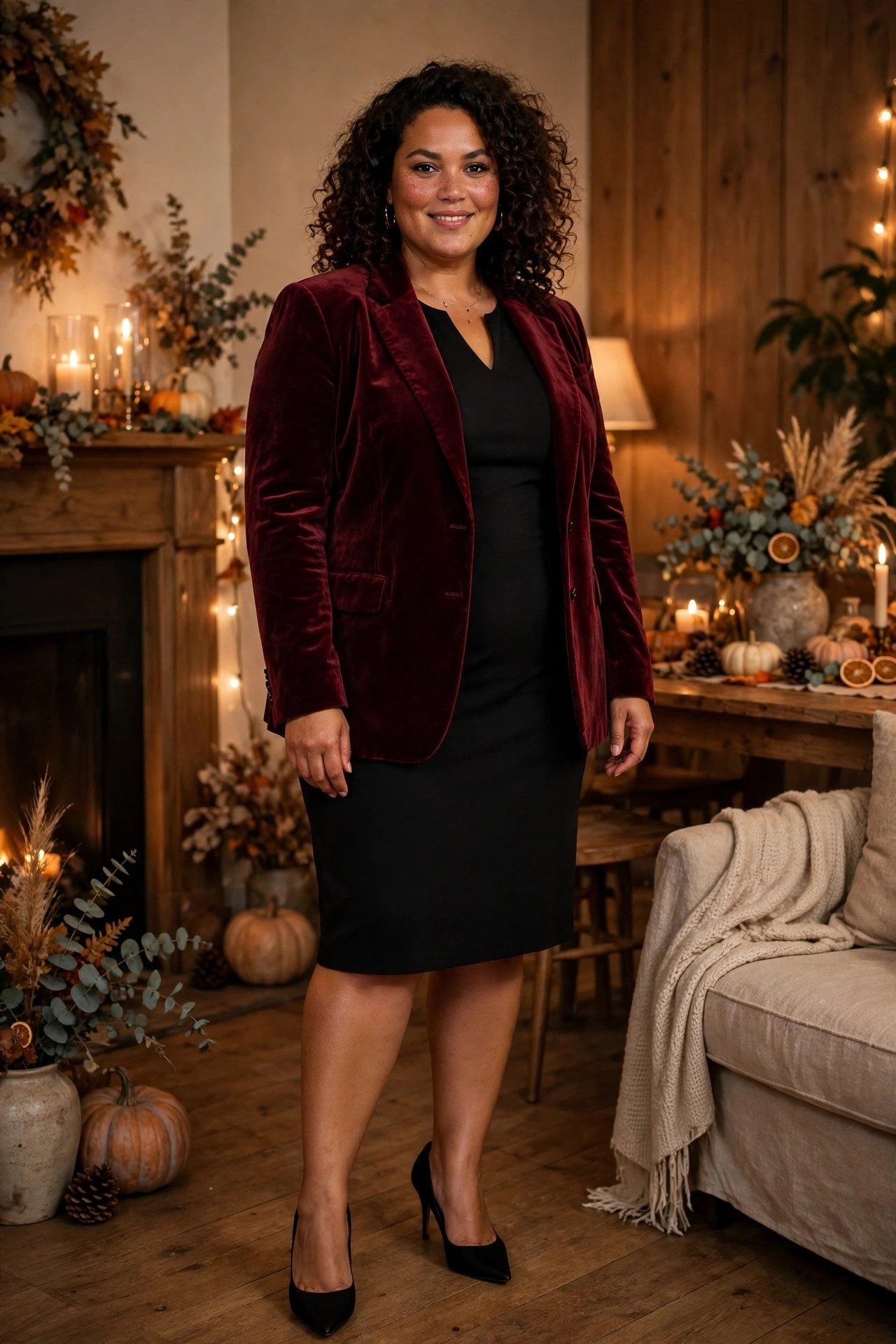 Velvet Blazer + Black Dress - 15+ Plus Size Thanksgiving Outfits