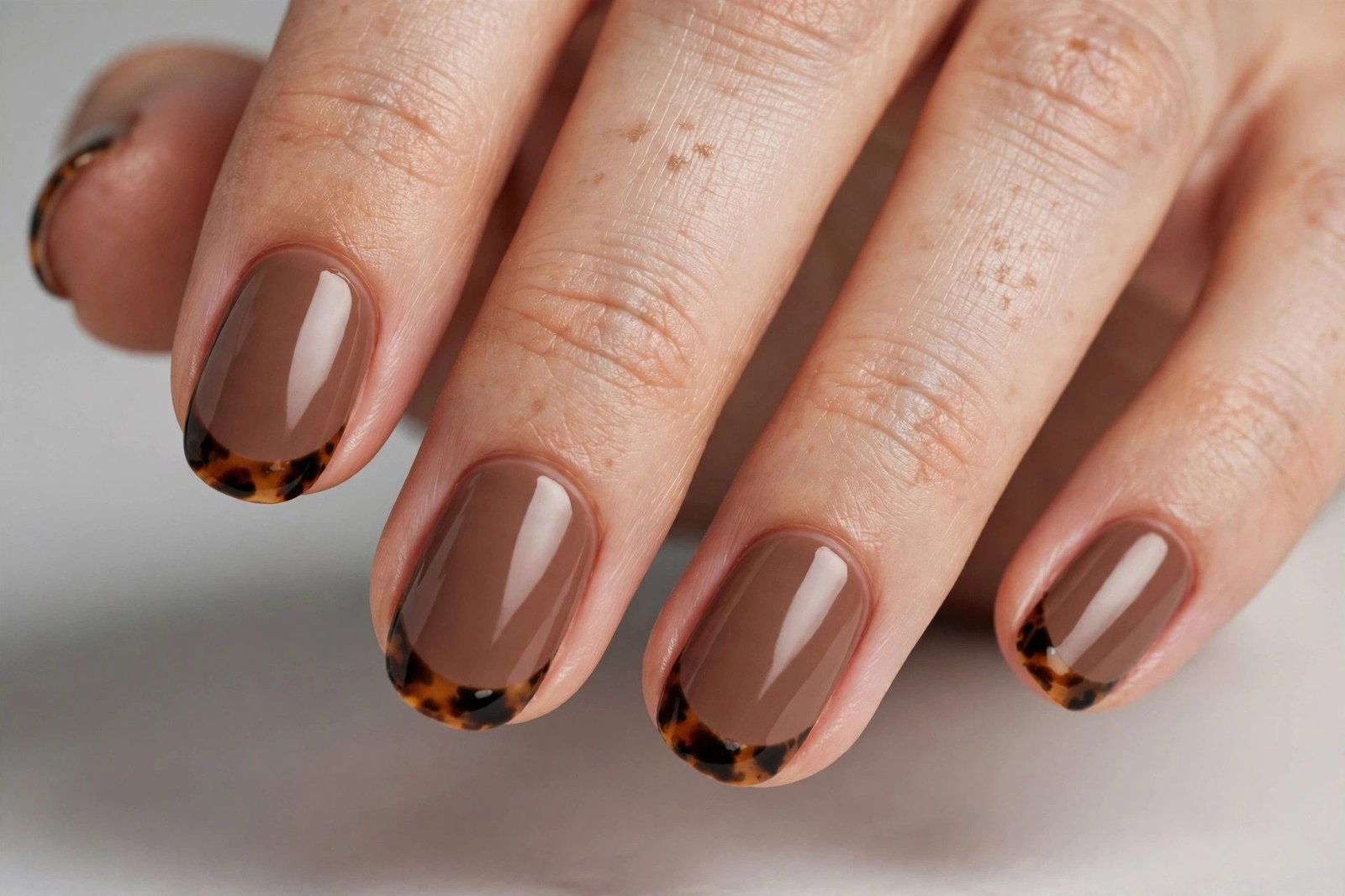 Mocha nails with tortoise French tips