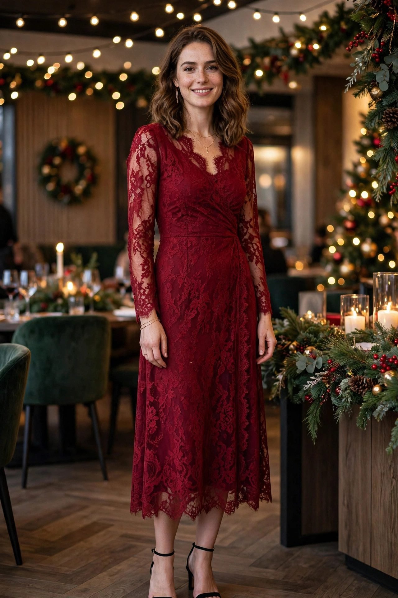 deep red lace midi dress holiday party