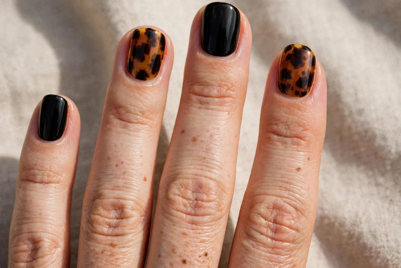 Black and tortoise shell color block nails