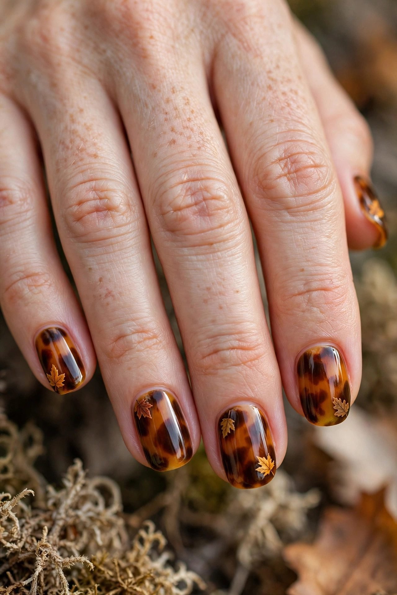 Tortoise shell nails with autumn leaf accents