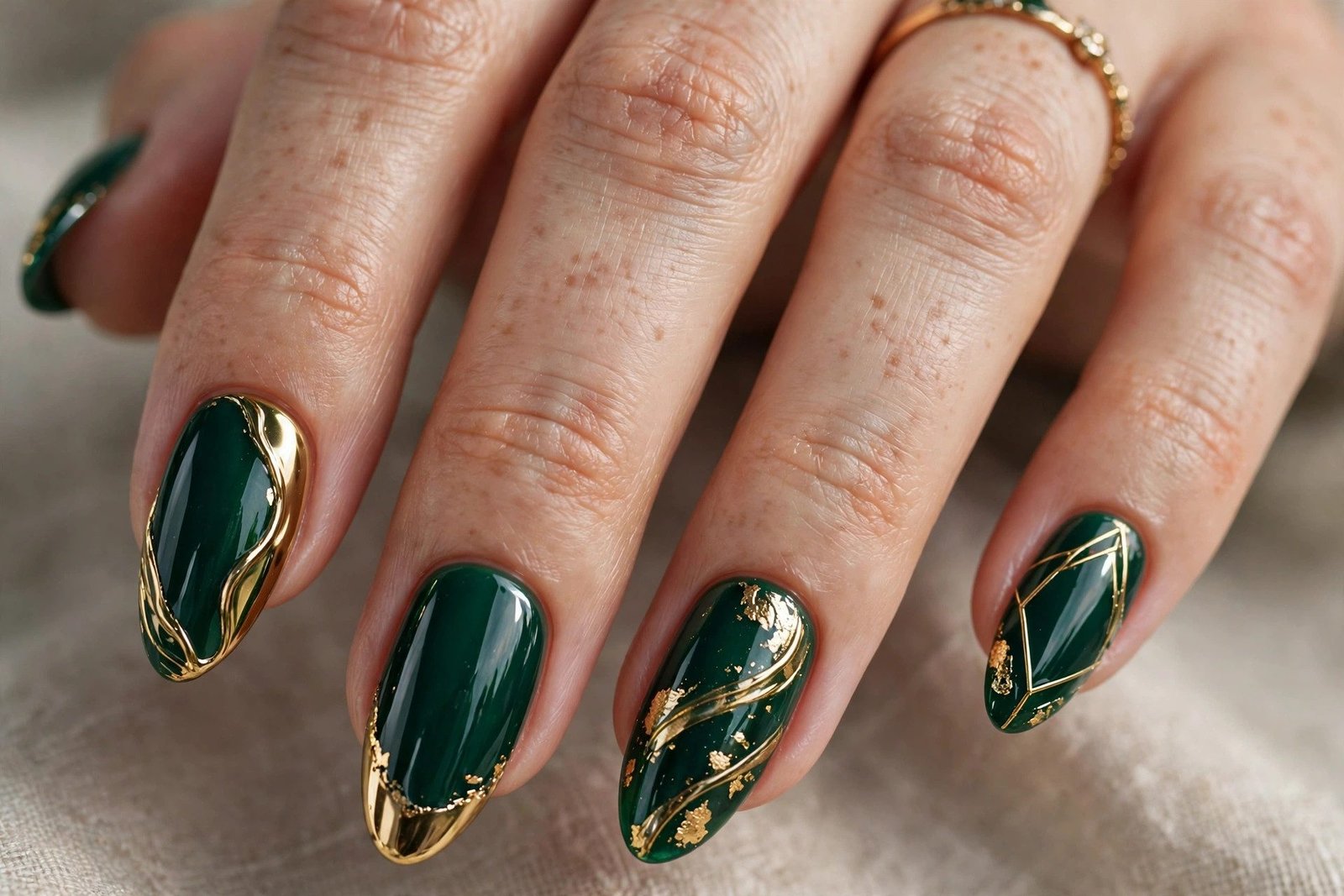 Emerald green and gold luxury fall nails