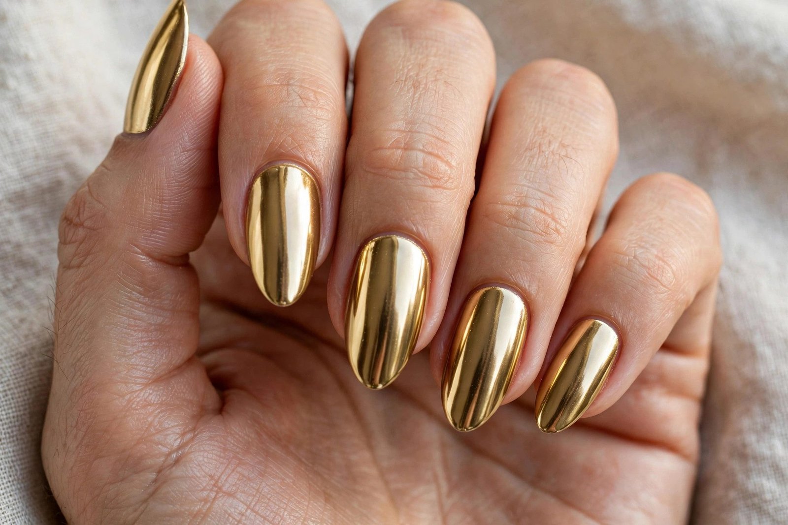 Gold chrome almond elegant nails