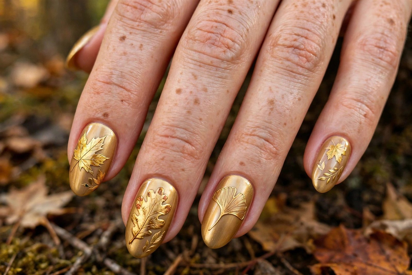 Gilded autumn leaves gold fall nails