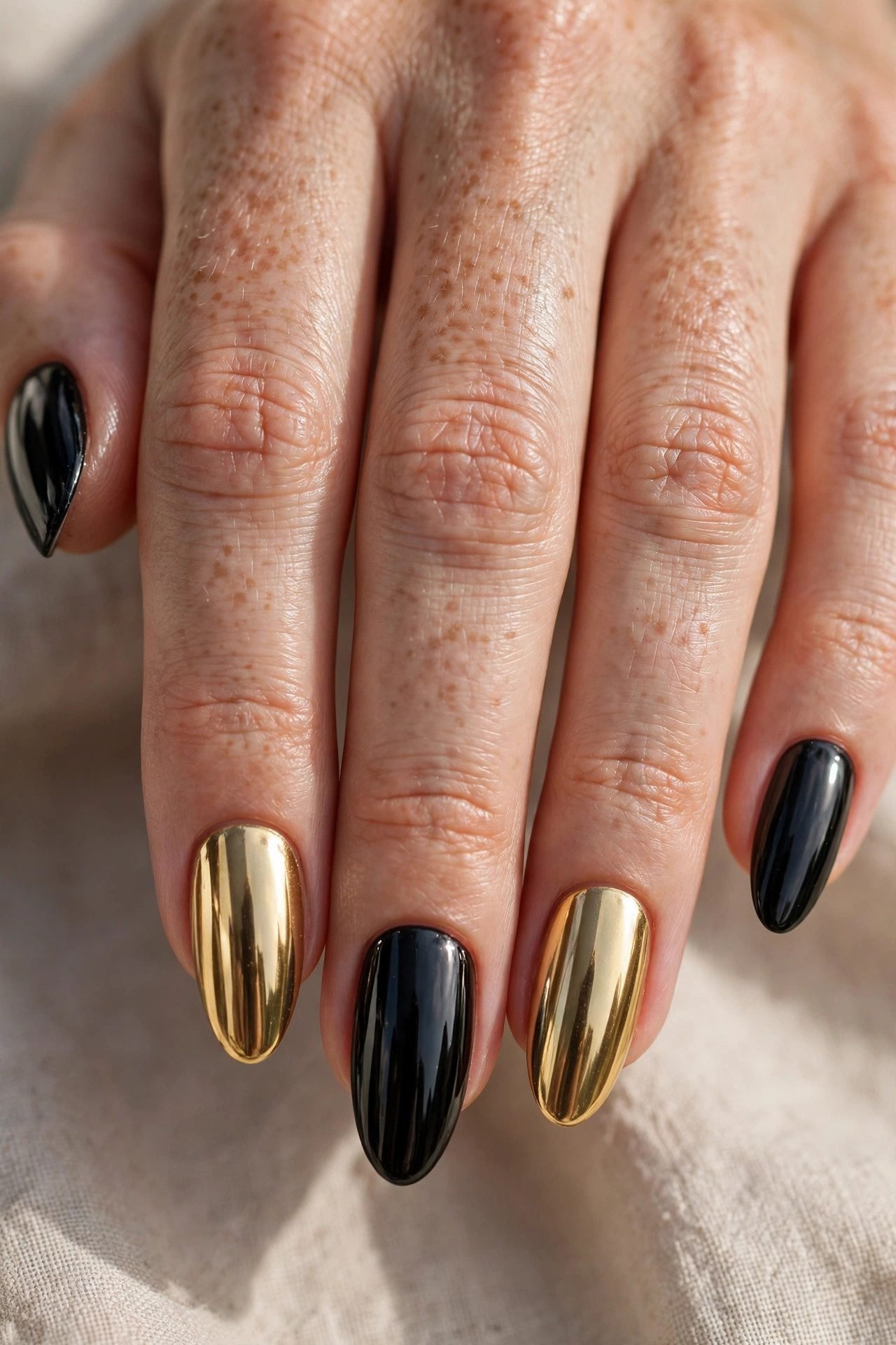 Black and gold chrome fall nail combo