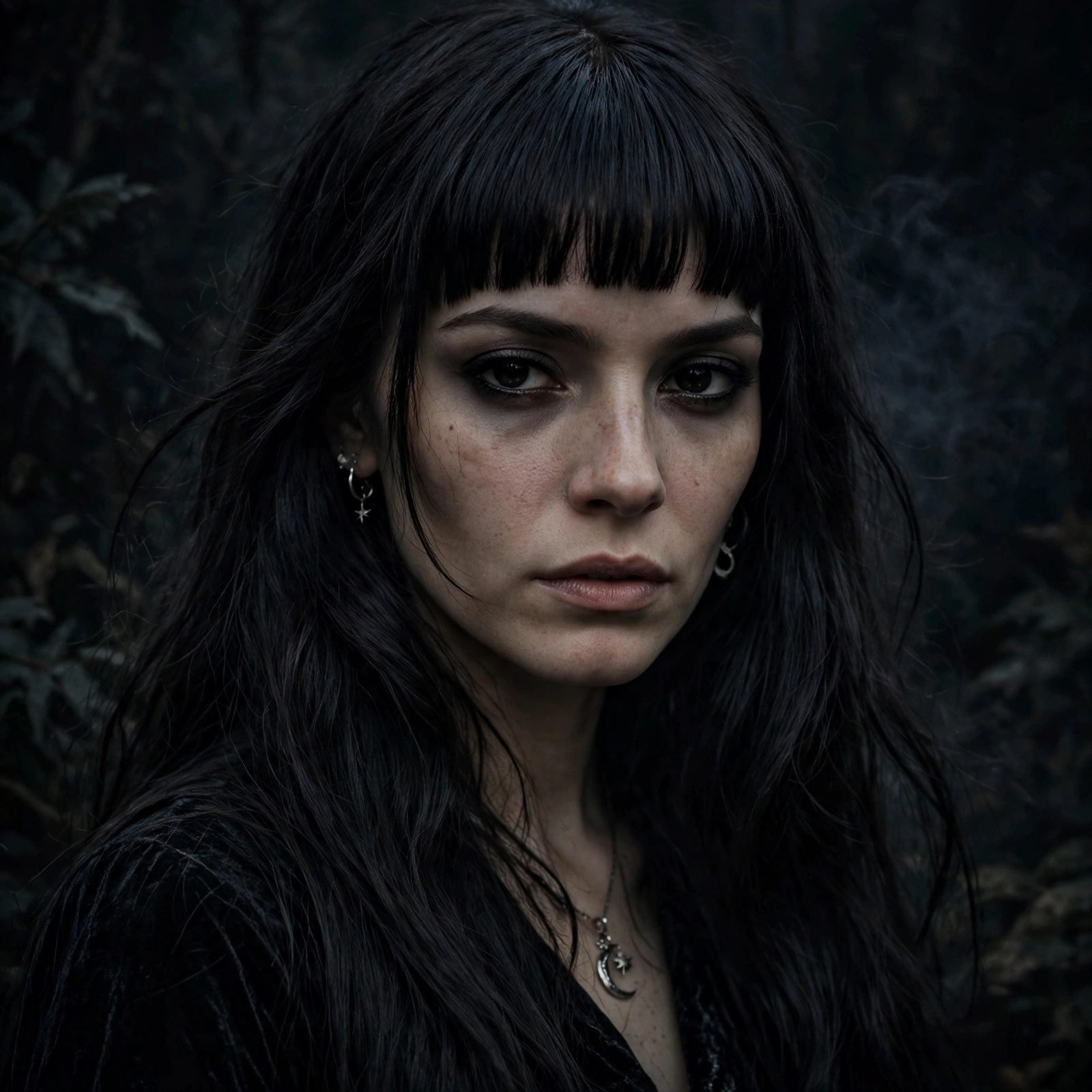 Dark hair with blunt bangs witchy hairstyle