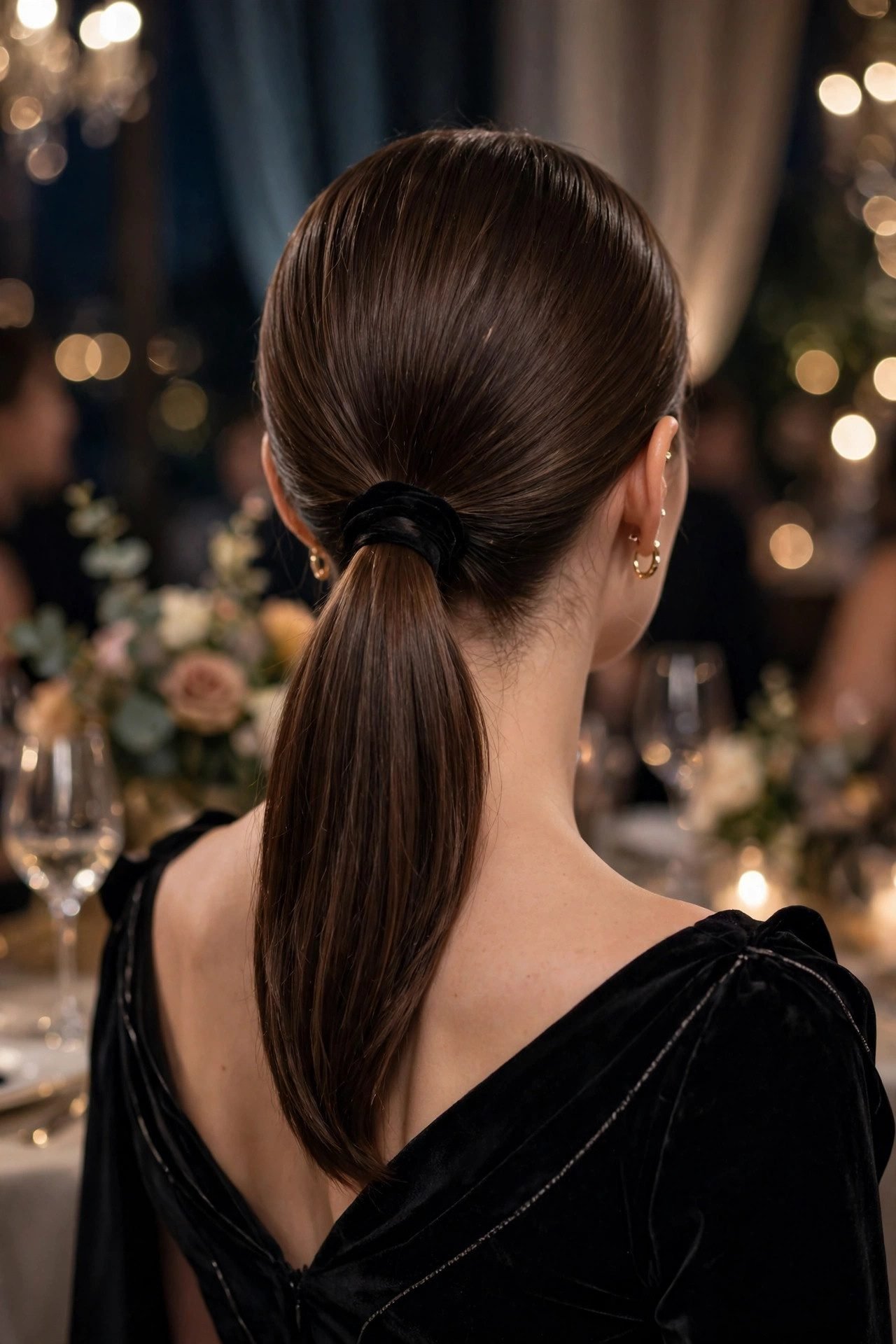 Elegant low ponytail formal evening hair