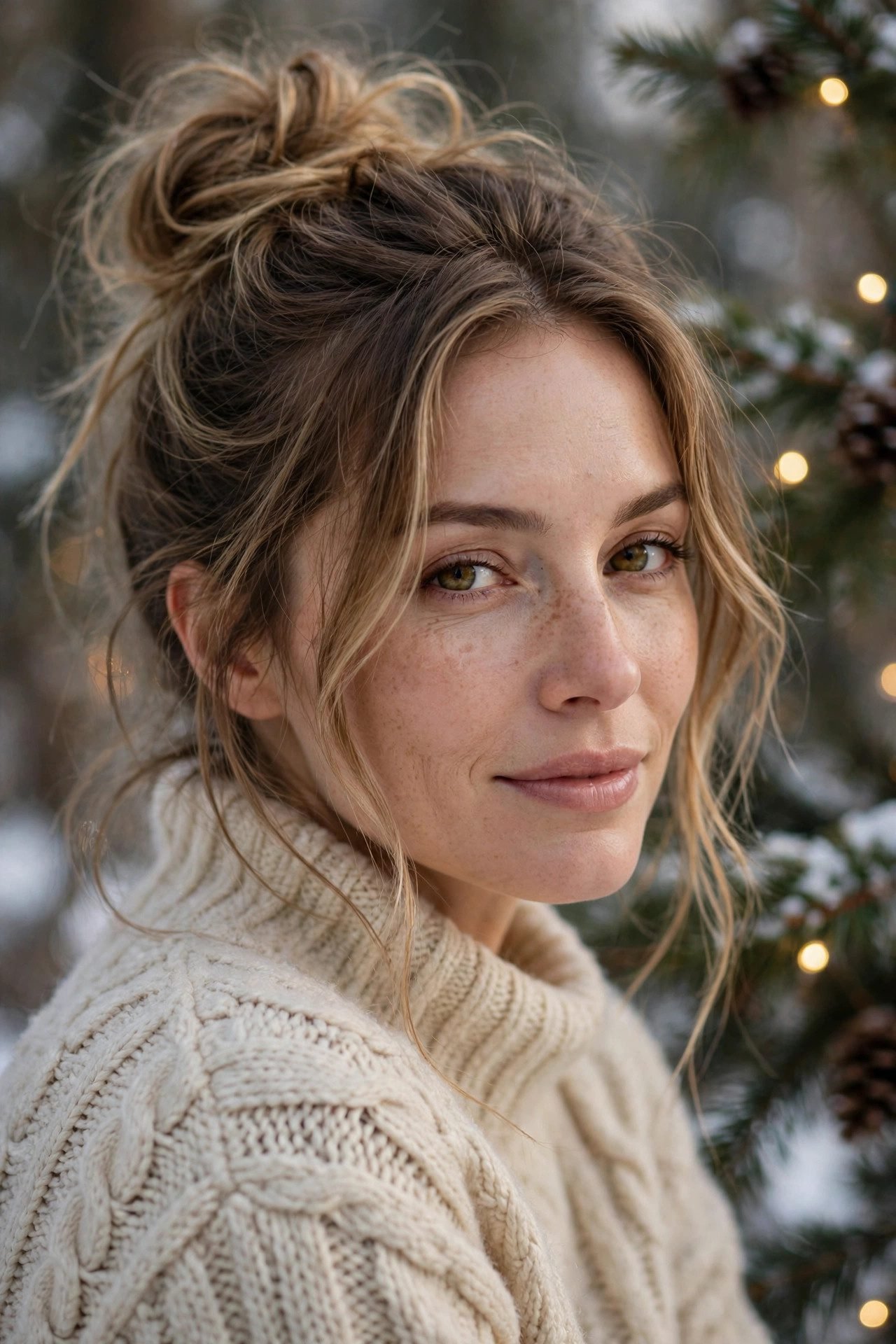 Long hair messy bun christmas cozy hairstyle
