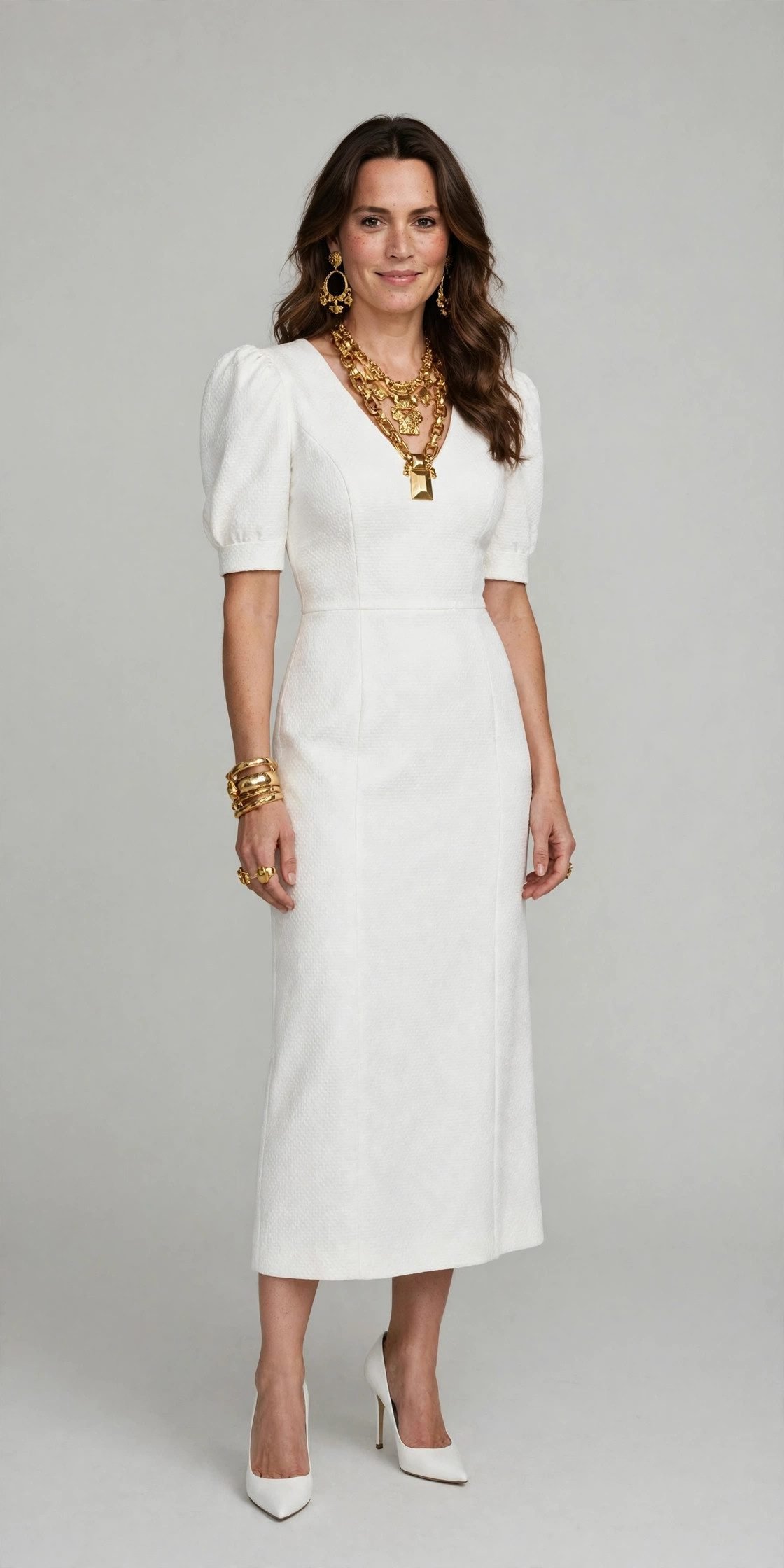 White outfit with festive jewelry for work Christmas party