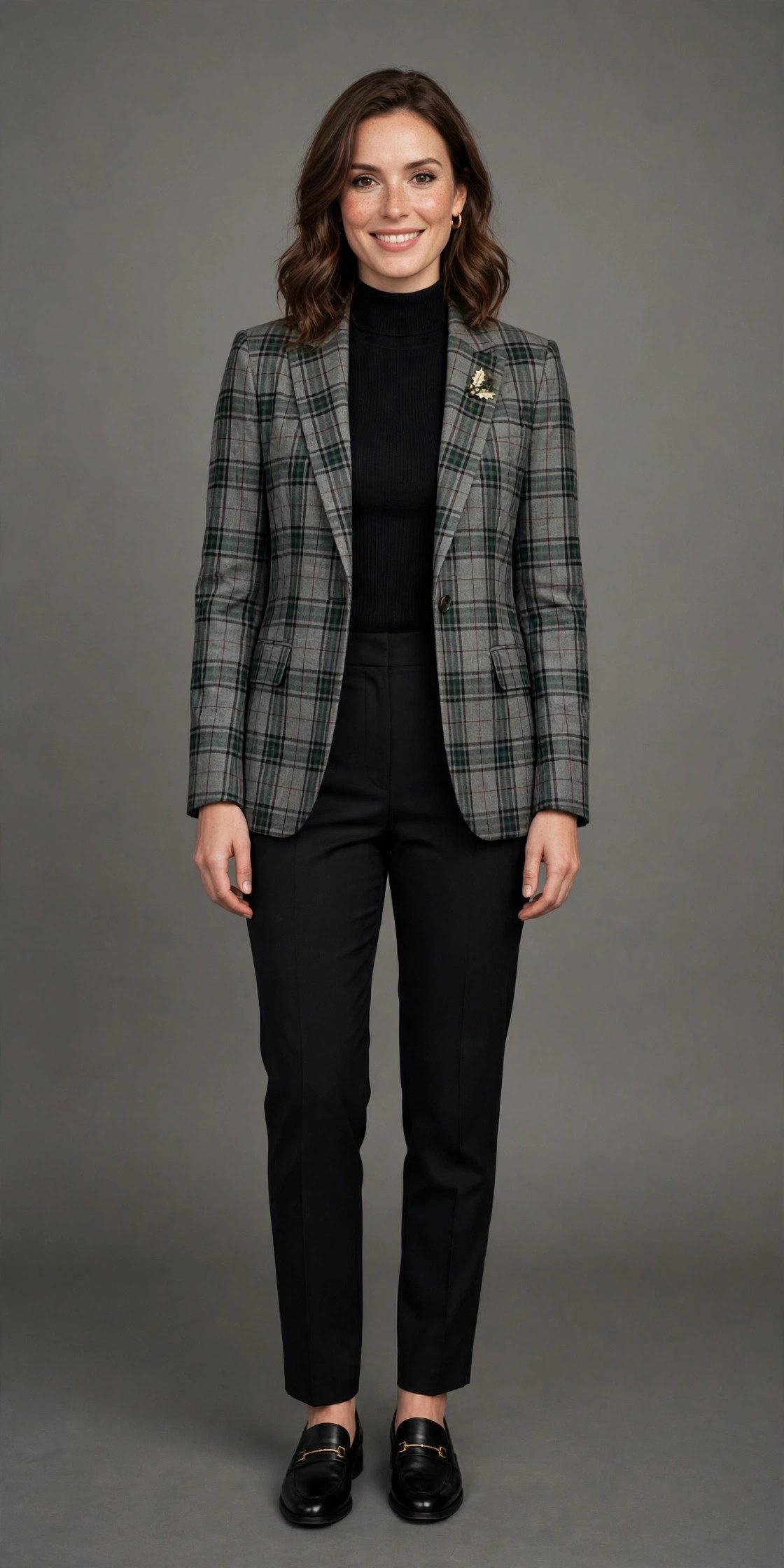 Plaid blazer with trousers for work Christmas party