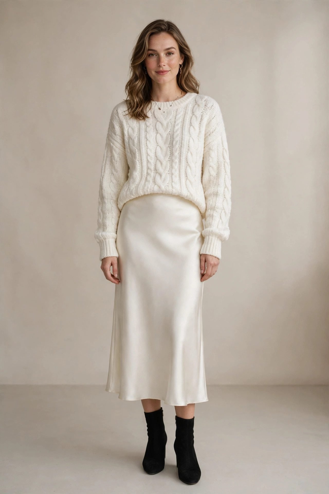 White sweater with satin skirt for holiday date night