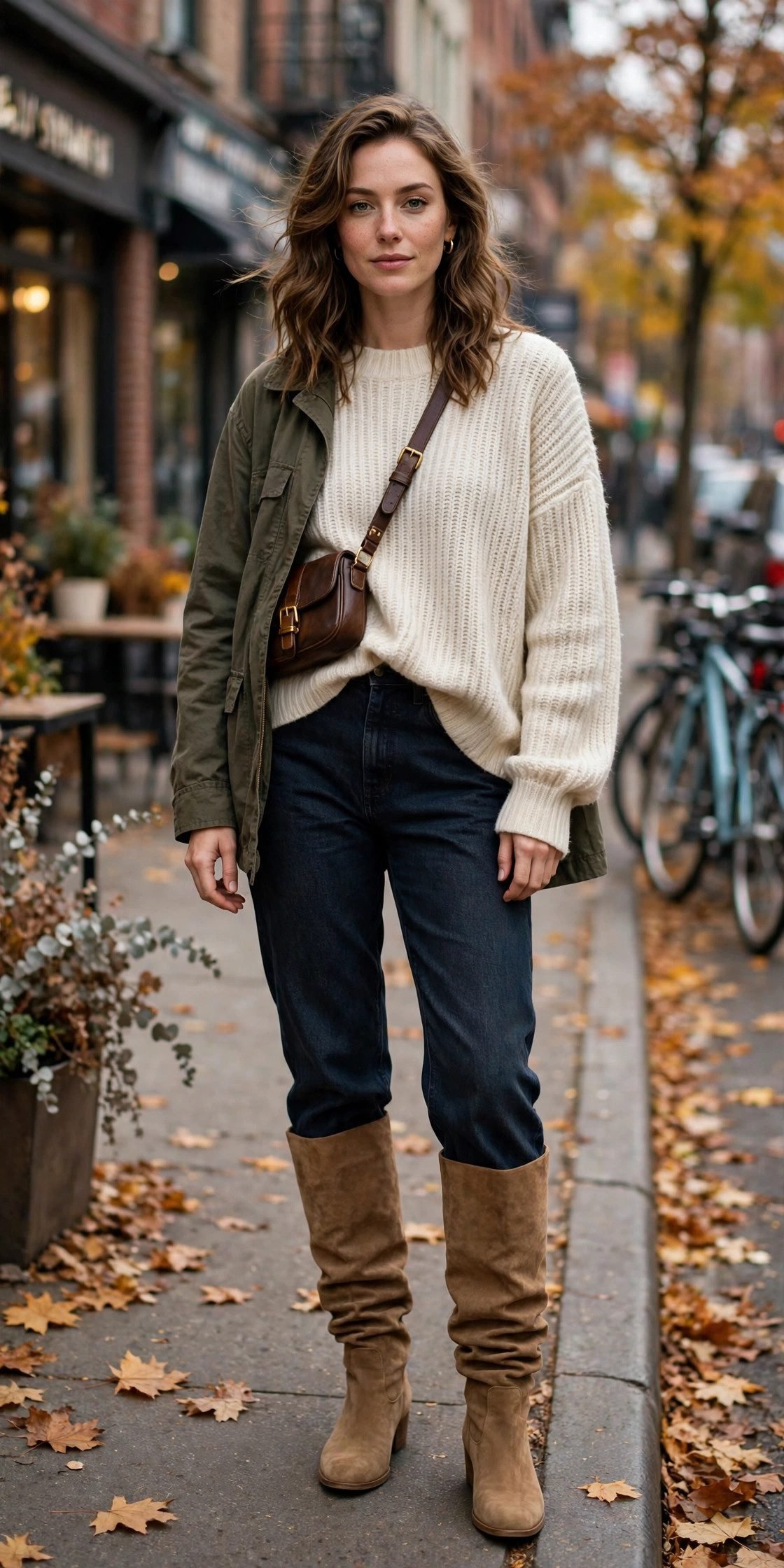 Slouchy suede boots with skirt fall outfit