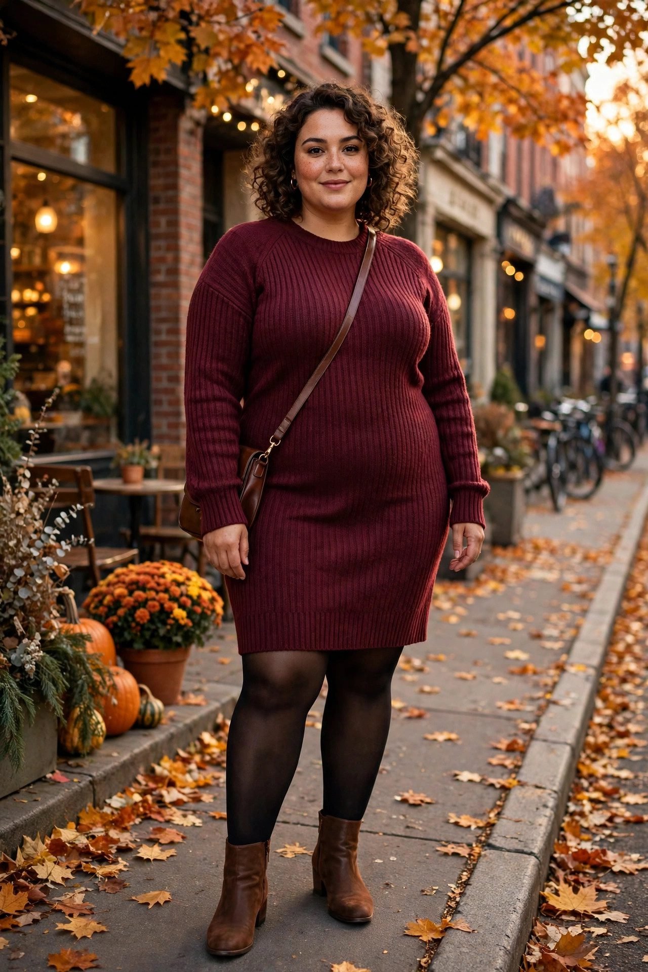 Plus size woman wearing a burgundy ribbed-knit sweater dress for fall