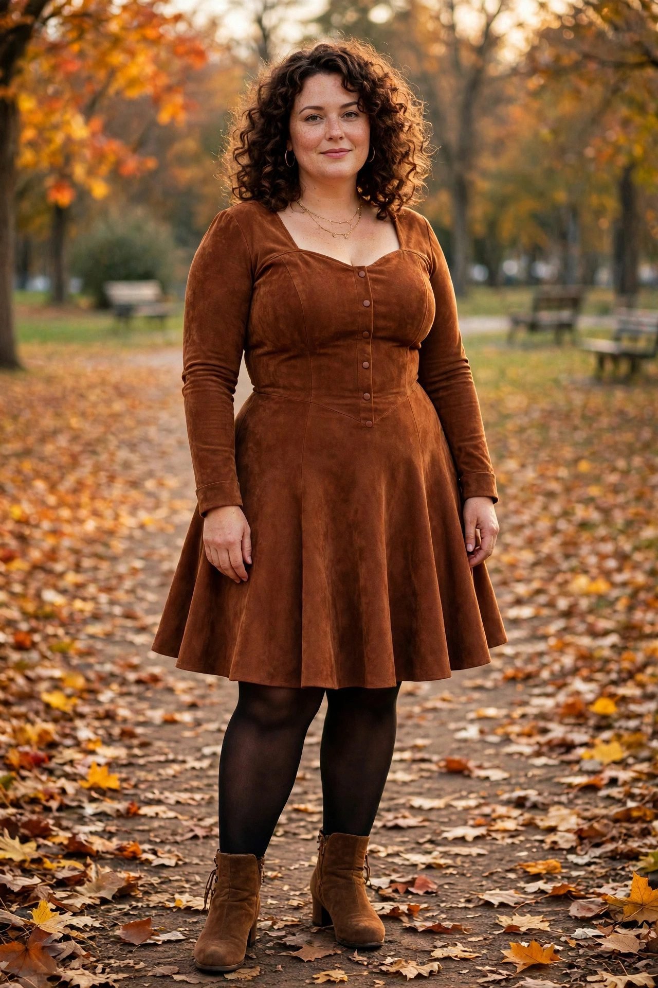 Plus size woman wearing a faux-suede skater dress