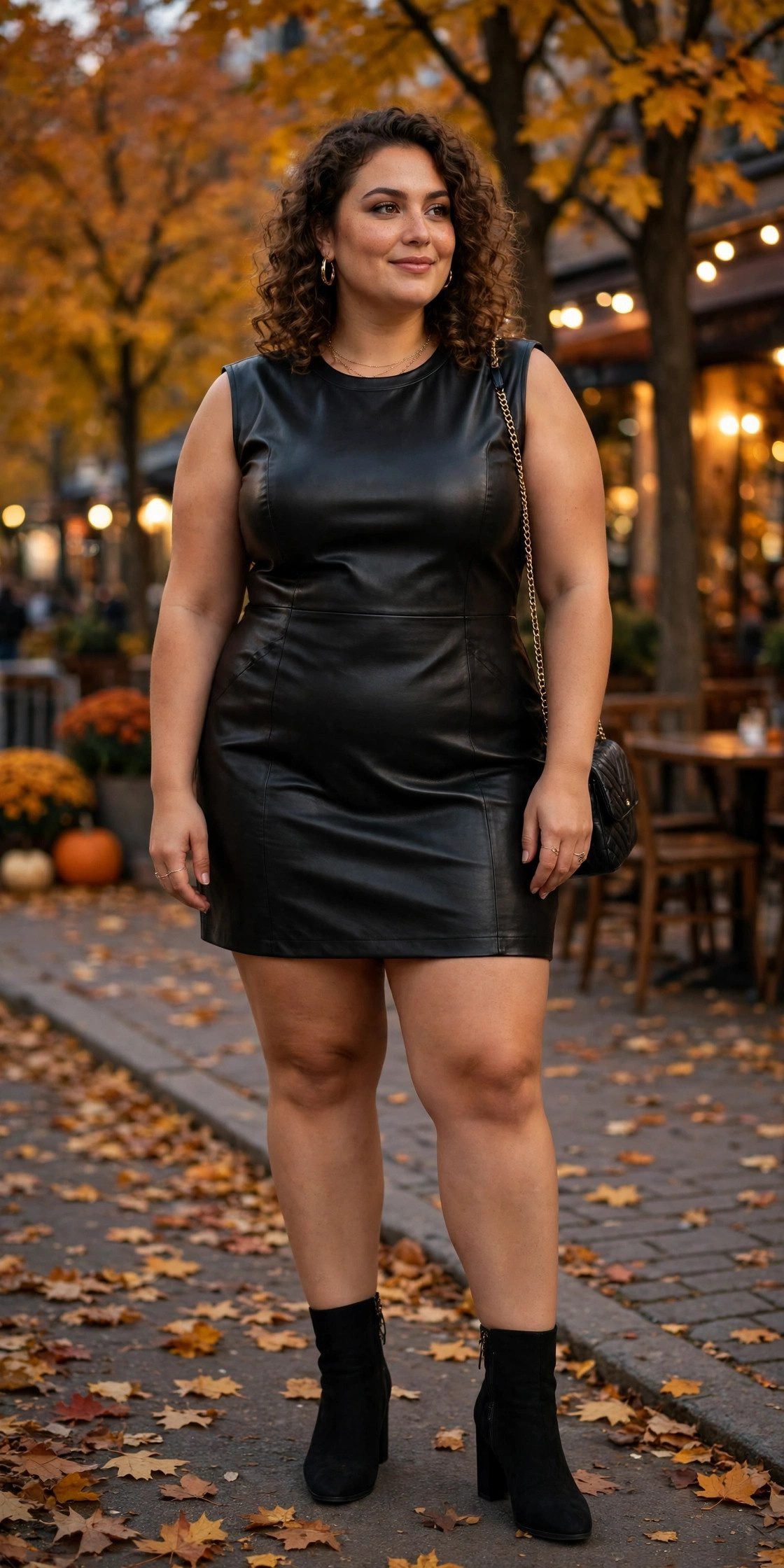Plus size woman wearing a faux-leather mini dress for fall