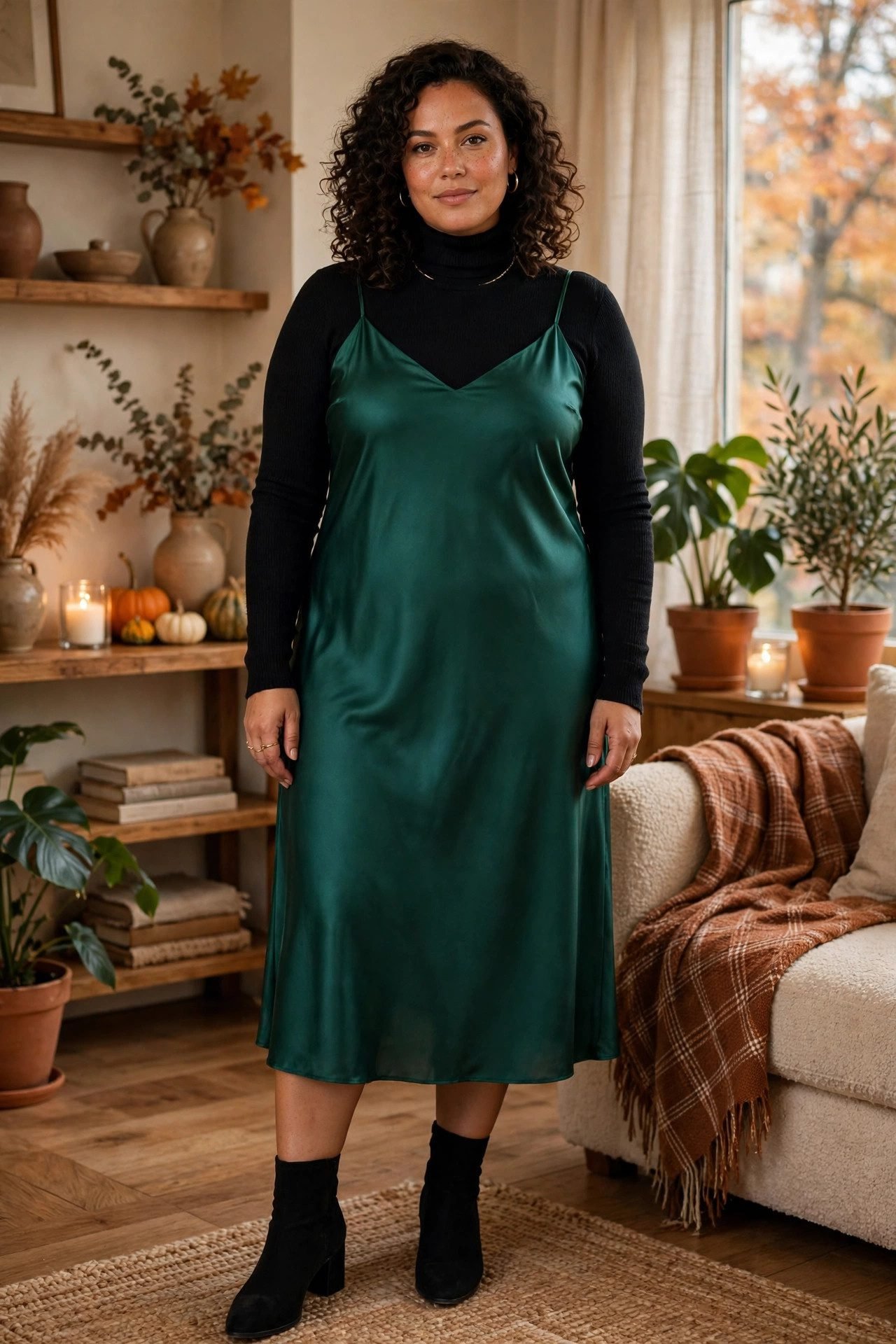 Plus size woman layering a satin slip dress over a turtleneck for fall