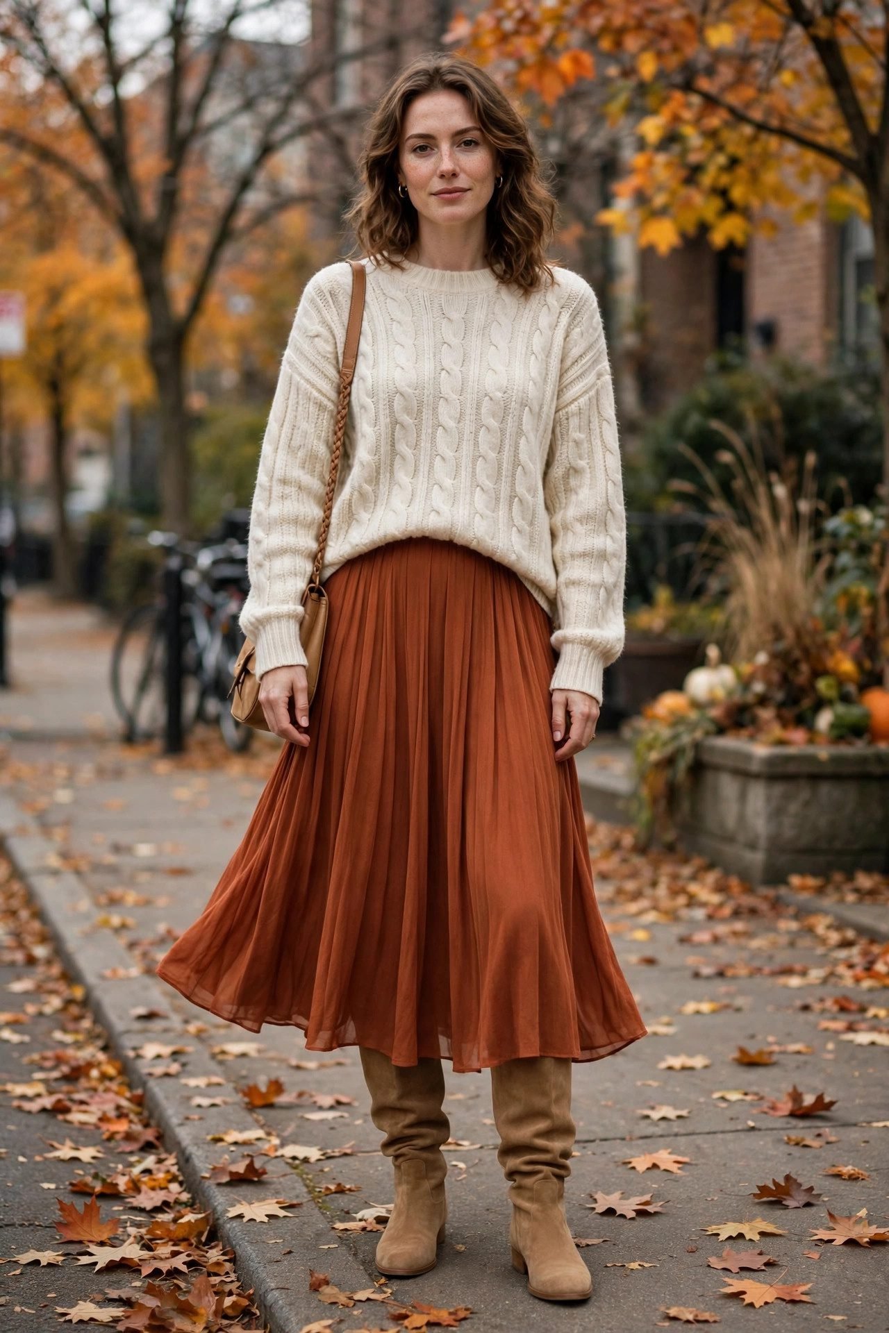 Woman in midi skirt with slouchy suede knee high boots