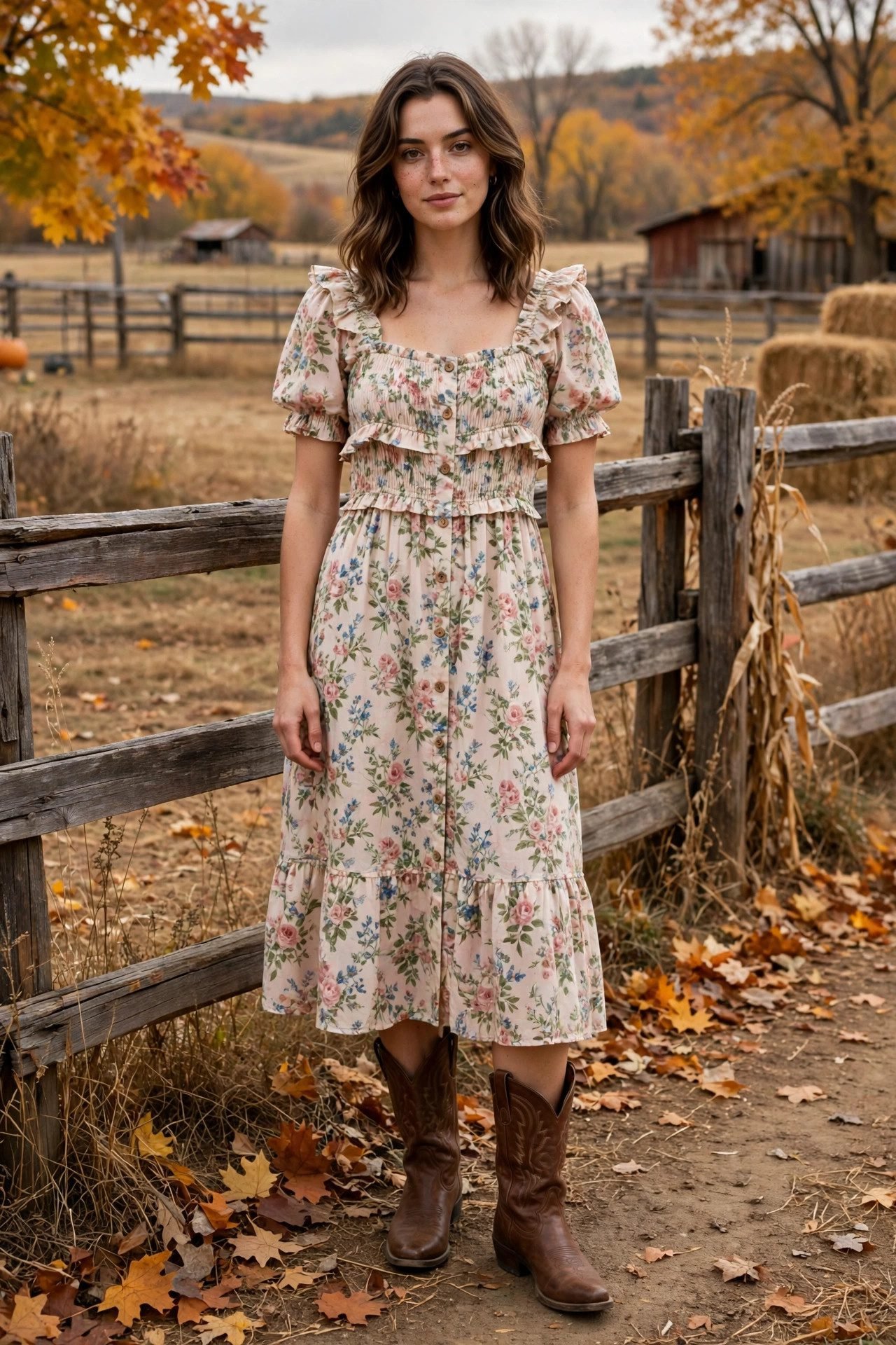 Woman wearing prairie dress with cowboy boots