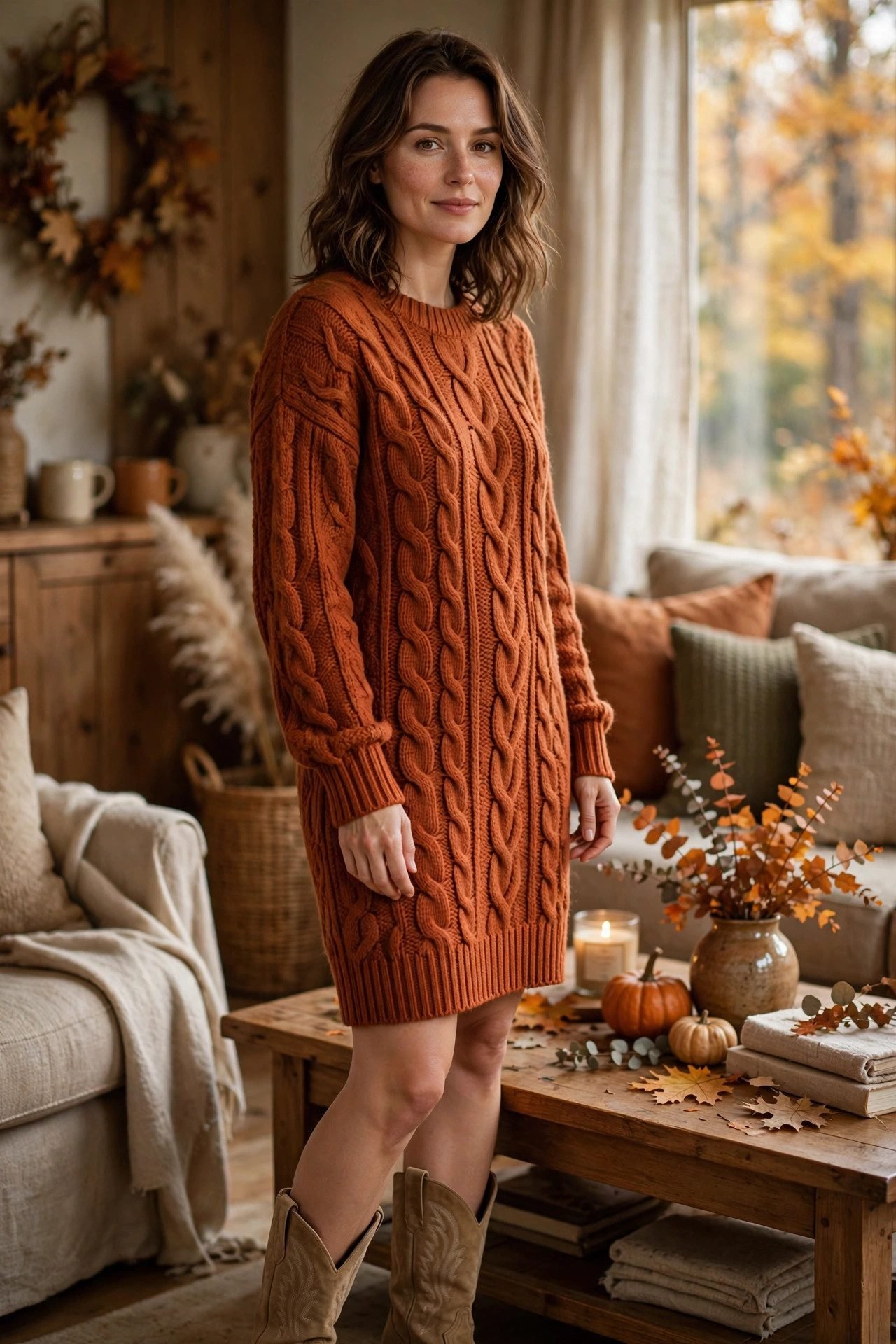 Woman in sweater dress with cowboy boots