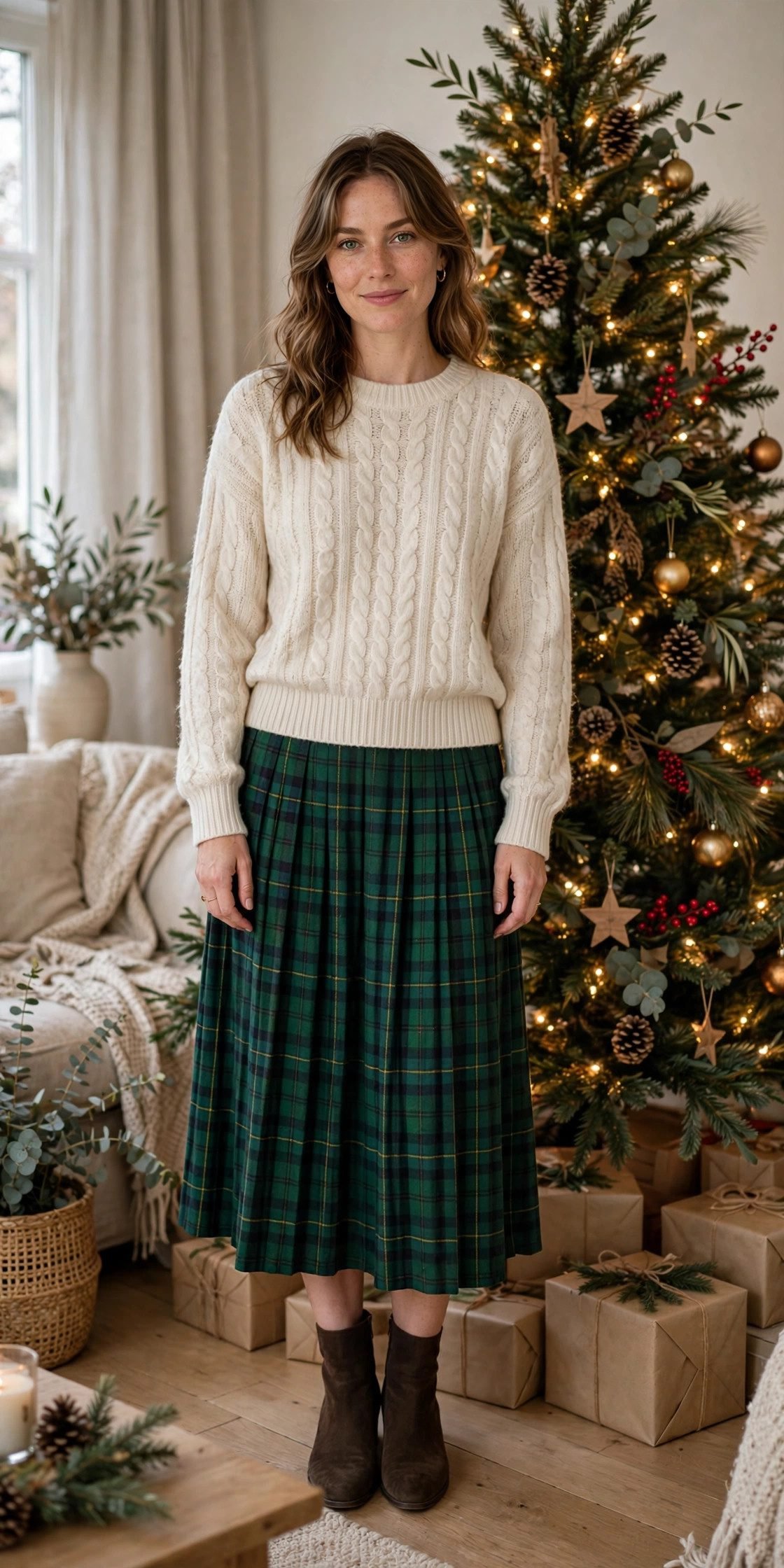 Woman wearing green plaid skirt christmas