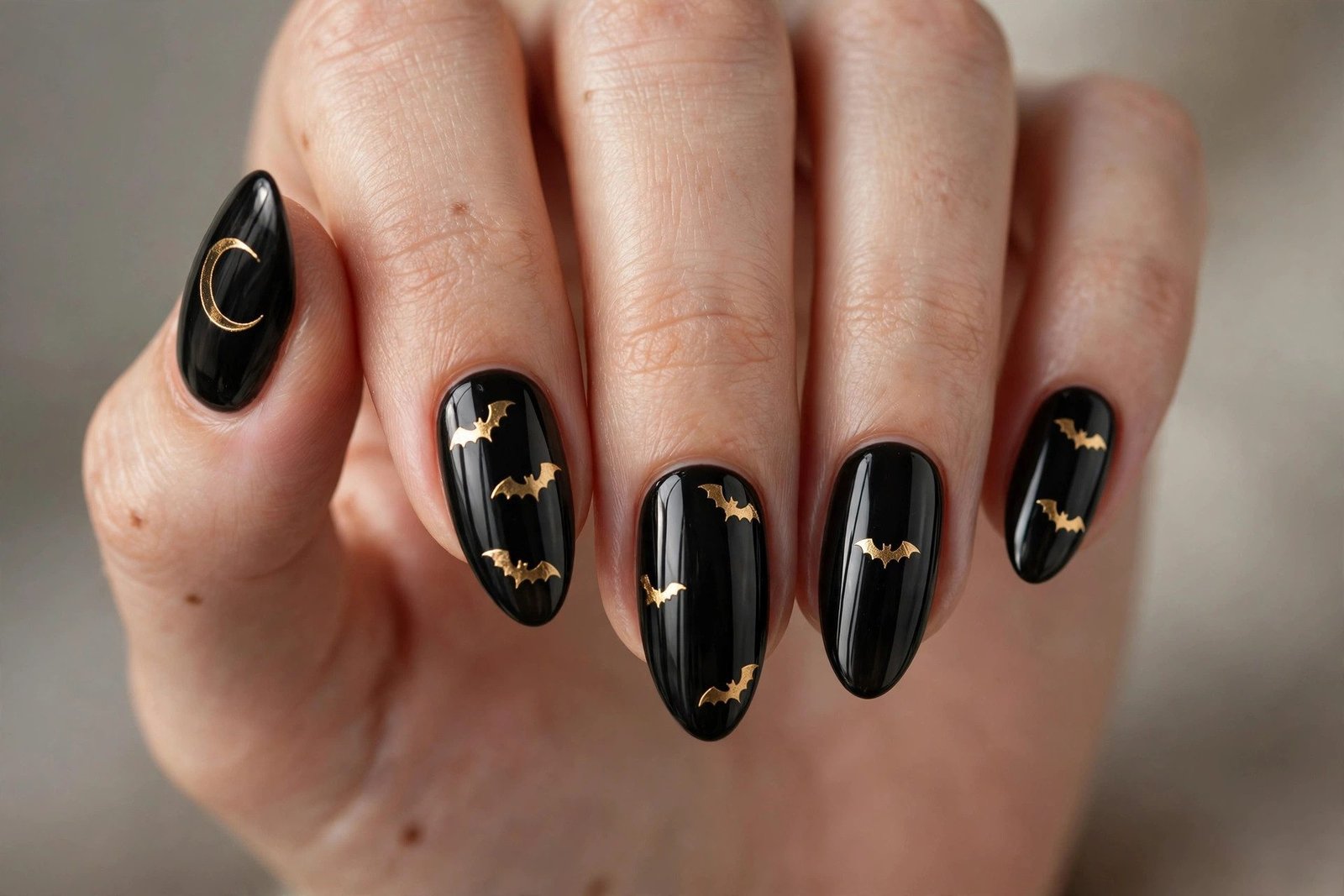 Black and gold bat and moon Halloween nails