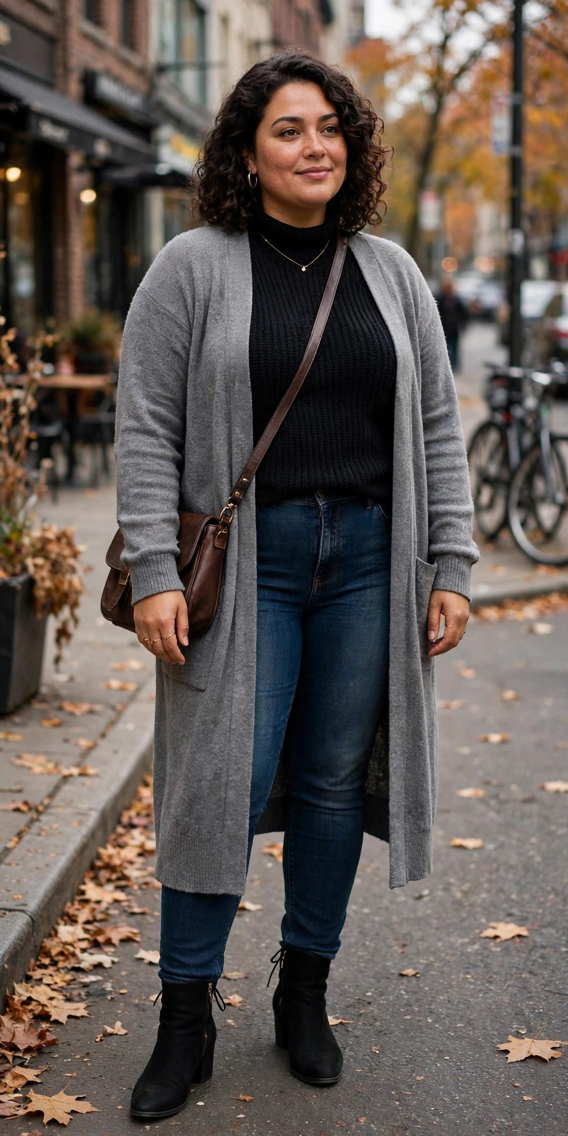 Plus size woman in dark skinny jeans with a long cardigan
